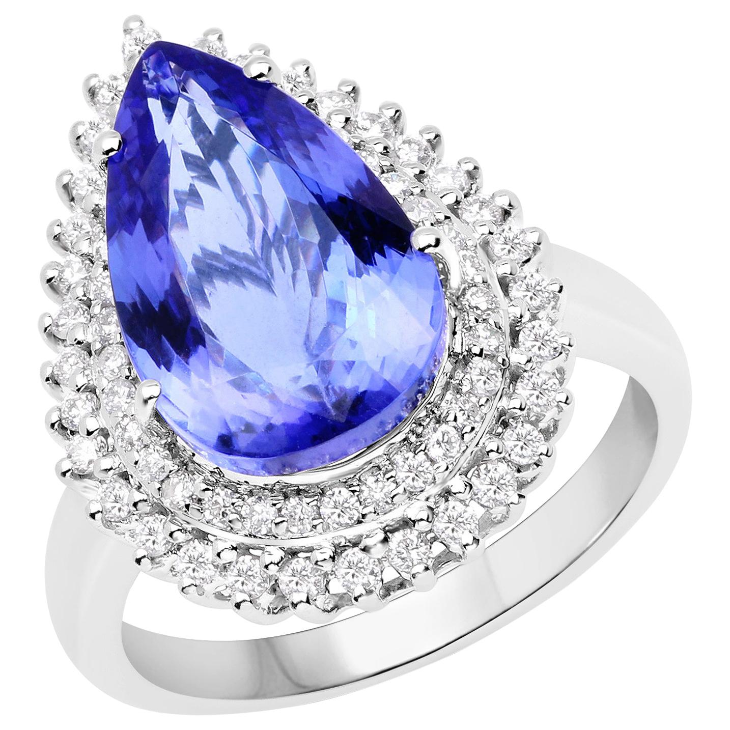 6.12 Carat Genuine Tanzanite and White Diamond 14 Karat White Gold Ring For Sale