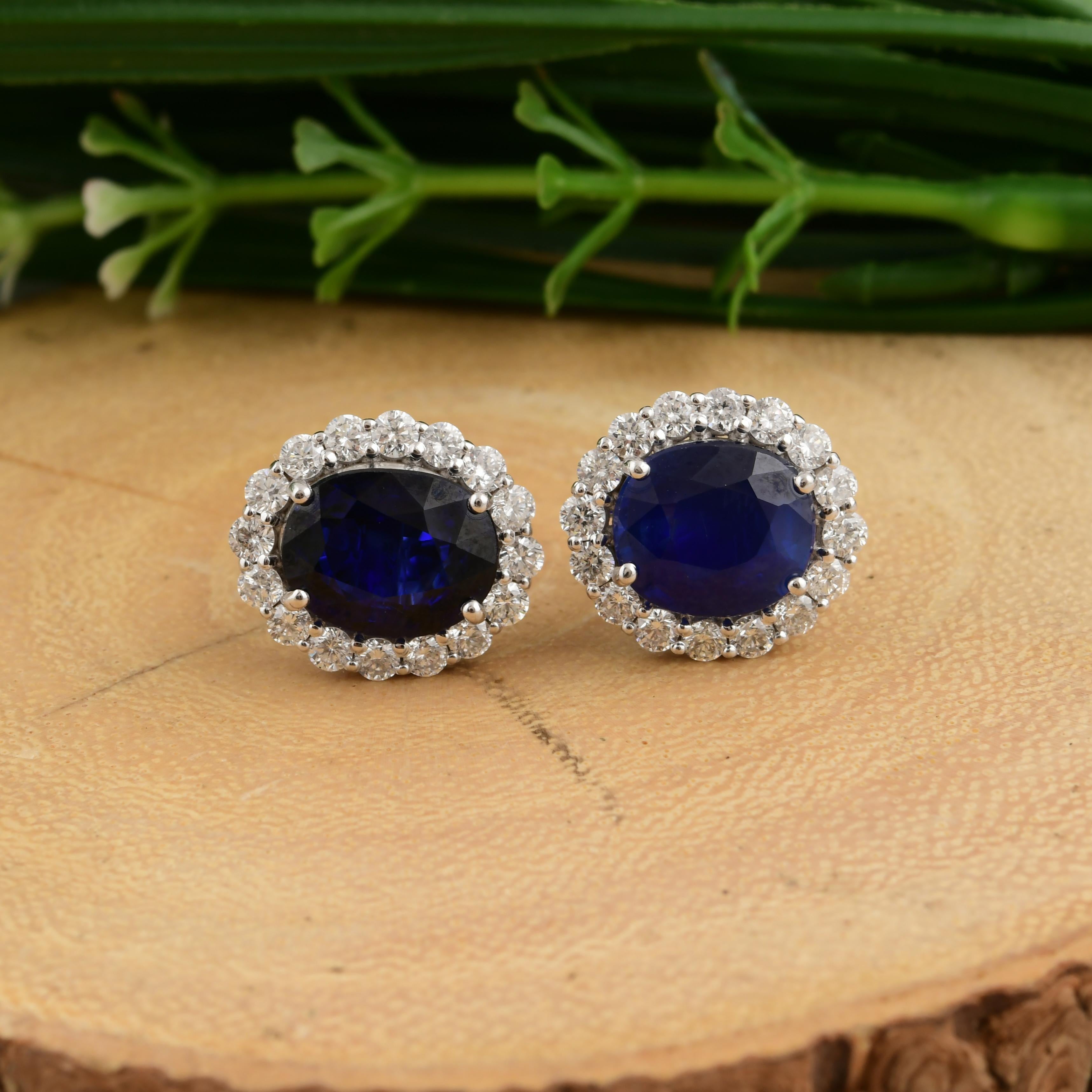 Art Deco 6.12 Carat Natural Blue Sapphire 1.28 Carat Diamond Halo 18k Gold Stud Earrings For Sale