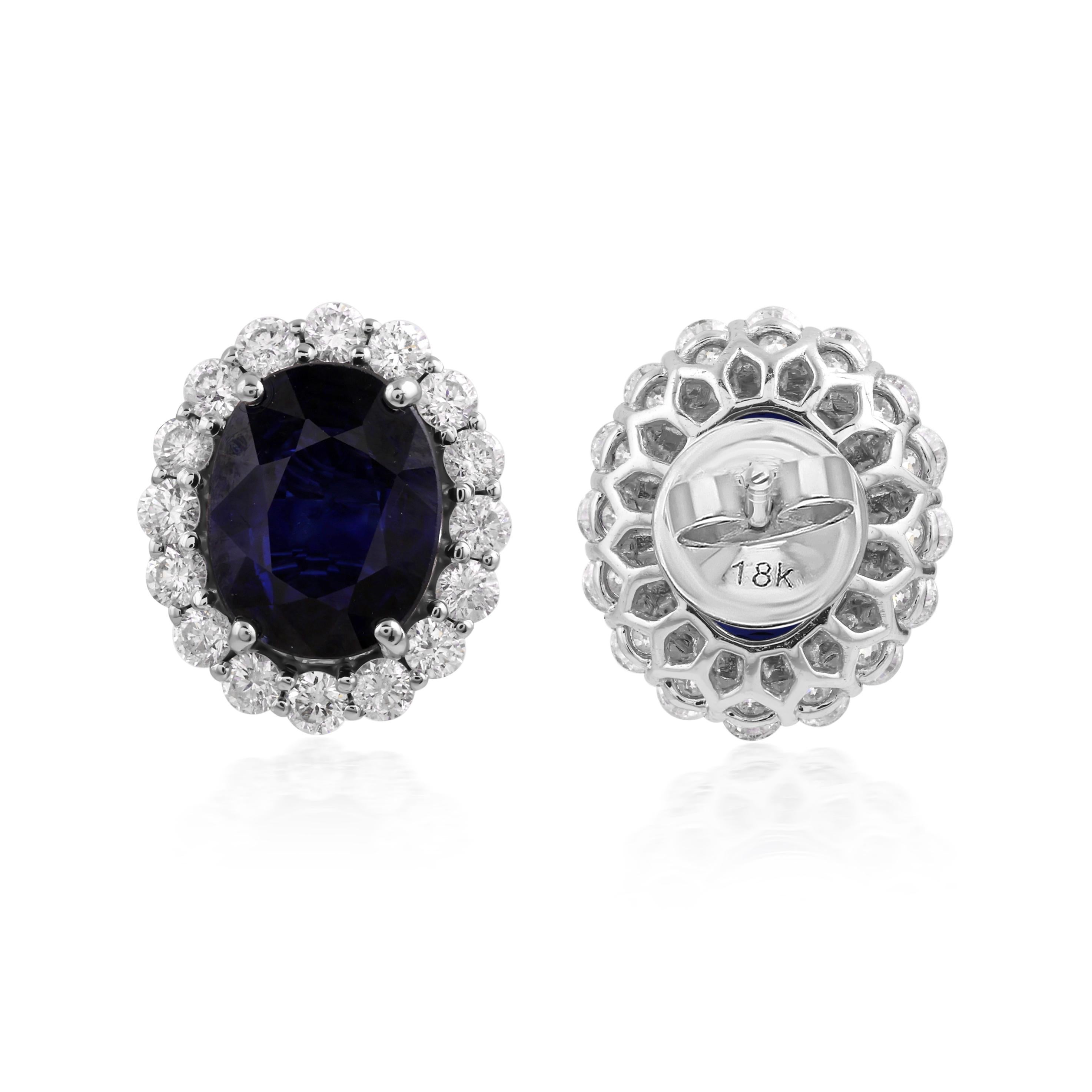 Oval Cut 6.12 Carat Natural Blue Sapphire 1.28 Carat Diamond Halo 18k Gold Stud Earrings For Sale