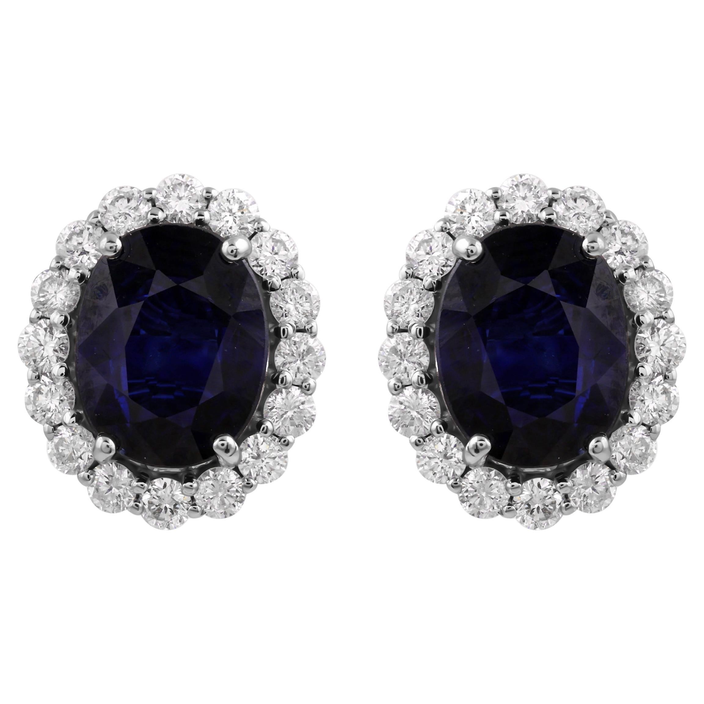 6.12 Carat Natural Blue Sapphire 1.28 Carat Diamond Halo 18k Gold Stud Earrings For Sale