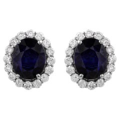 6.12 Carat Natural Blue Sapphire 1.28 Carat Diamond Halo 18k Gold Stud Earrings