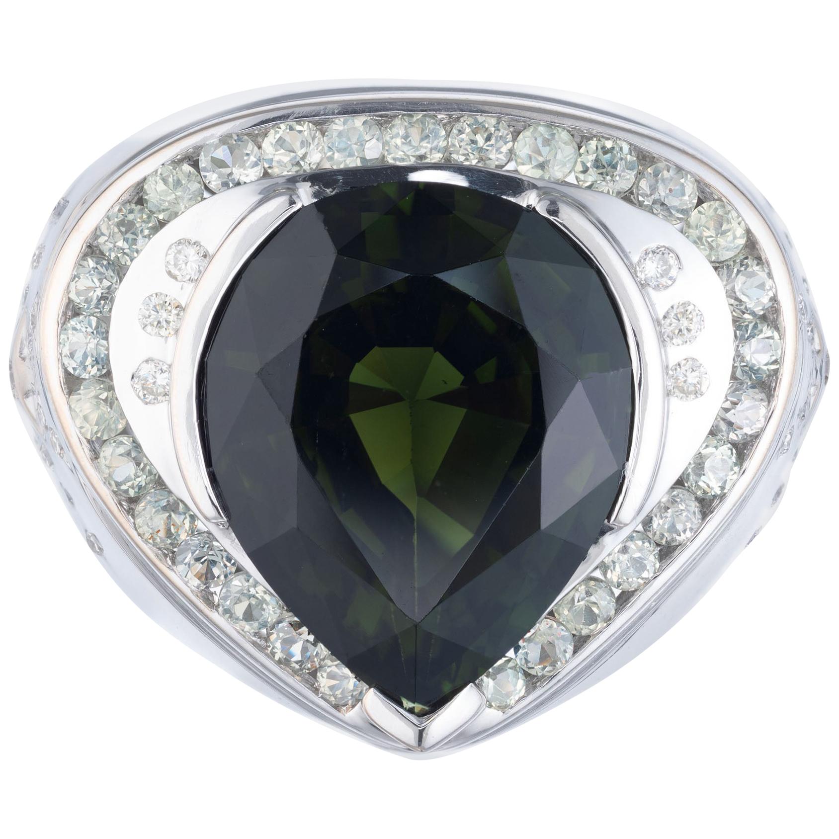 6.12 Carat Pear Green Tourmaline Diamond Sapphire Halo Gold Cocktail Ring For Sale