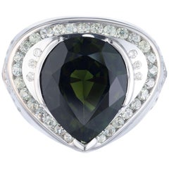 6.12 Carat Pear Green Tourmaline Diamond Sapphire Halo Gold Cocktail Ring
