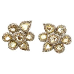 6.12 Carat Rose Cut Yellow Diamond and White Brilliant Cut Diamond Gold Earring