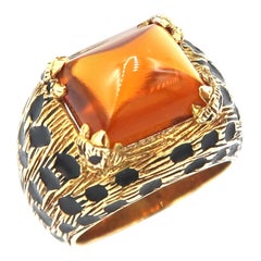 6.12 Carat Sugarloaf Cut Citrine Ring Panther Pattern Enameled 18 Karat Gold