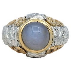 6.12 Carat Total Bezel Set Cabochon Star Sapphire Ring in Tri-Tone 18 Karat Gold