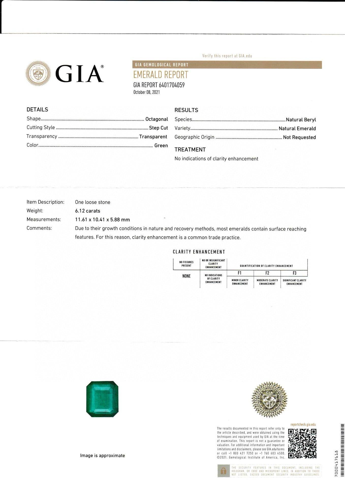 6.12 Ct GIA Certified No Oil Emerald Zambia at High Clarity (Émeraude certifiée sans huile en Zambie) en vente 1