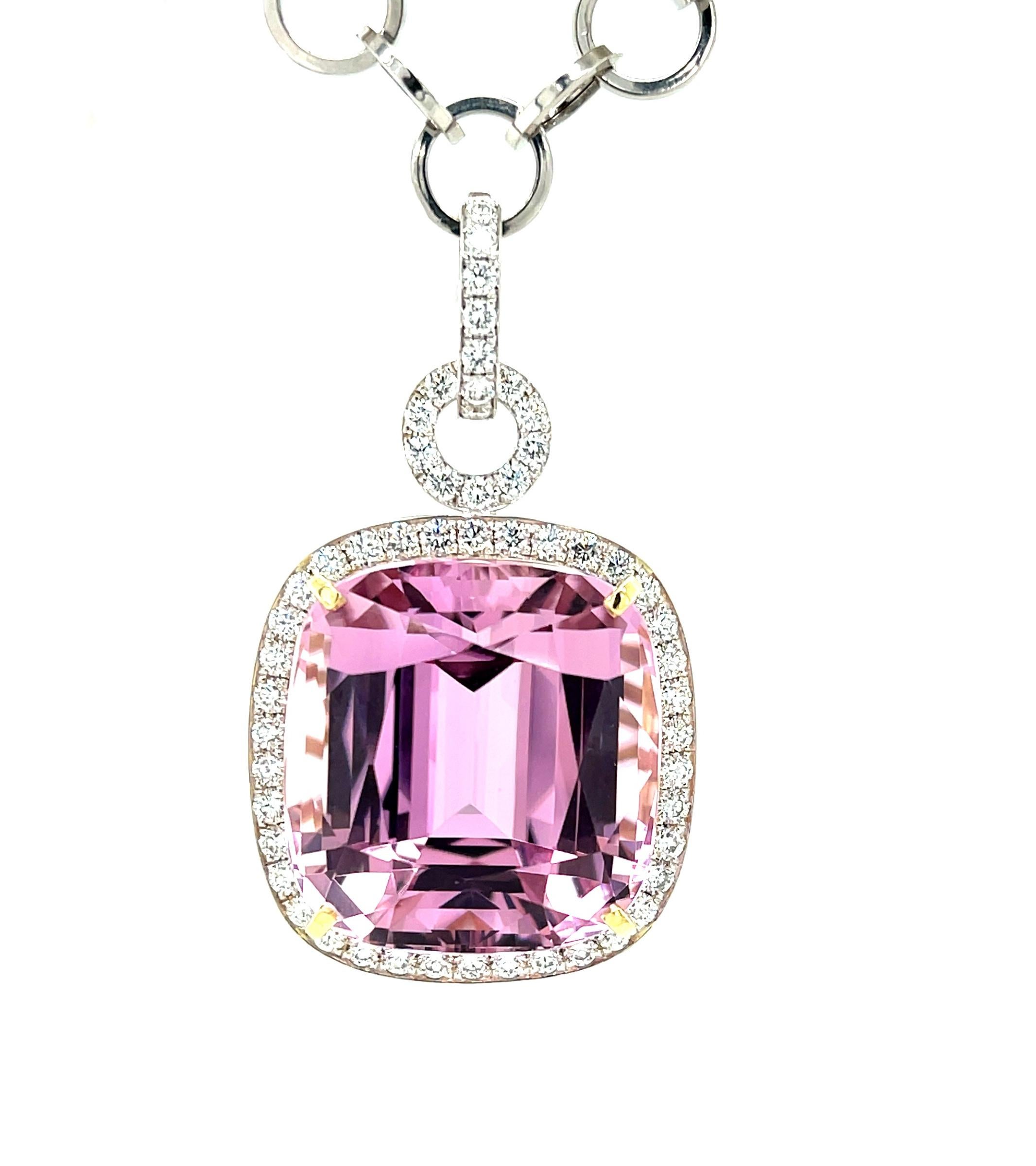 Artisan 61.26 Carat Kunzite and Diamond Pendant Enhancer in 18k White and Yellow Gold For Sale