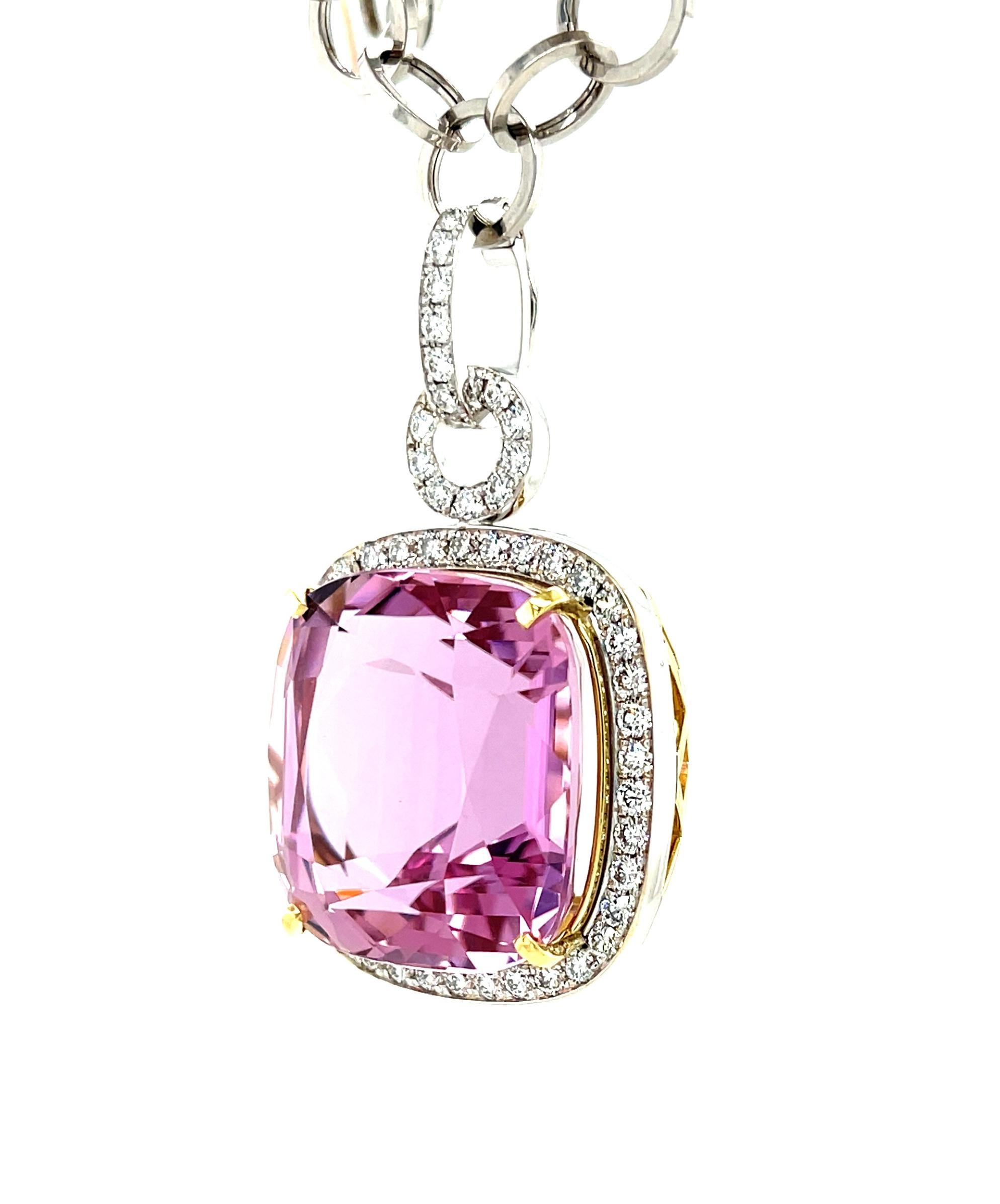 Cushion Cut 61.26 Carat Kunzite and Diamond Pendant Enhancer in 18k White and Yellow Gold For Sale