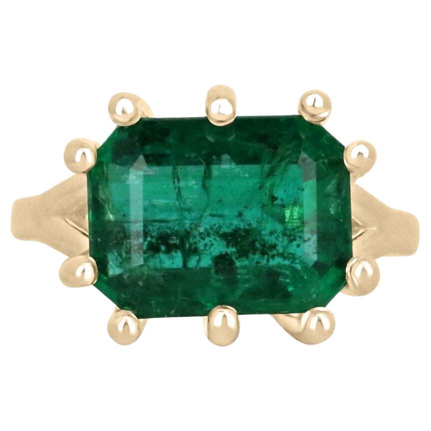 6.12ct 18K Funky 10 Prong Deep Rich Natural Emerald Cut Emerald Solitaire Ring For Sale