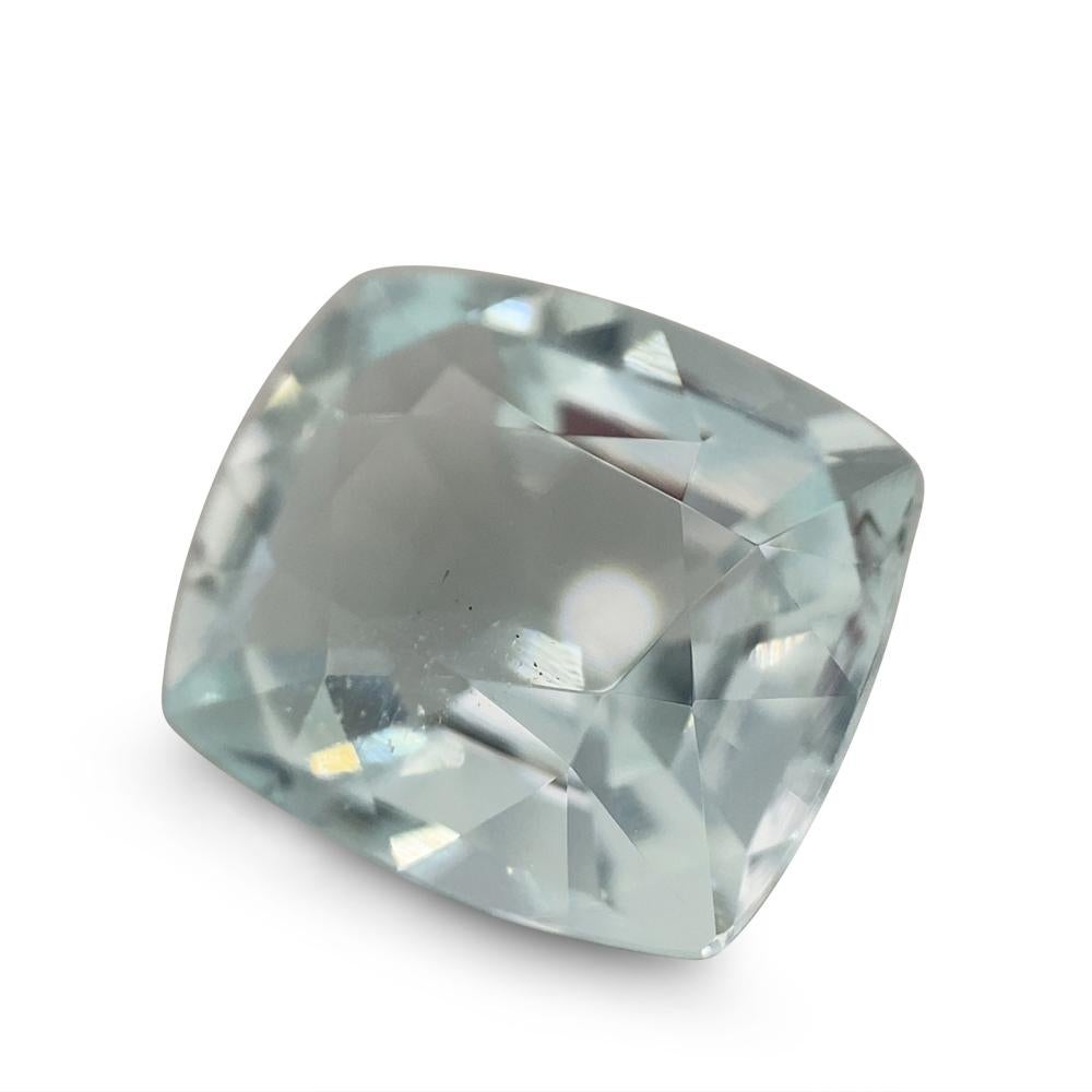 Description:

Gem Type: Aquamarine 
Number of Stones: 1
Weight: 6.12 cts
Measurements: 12.45 x 10.91 x 7.07 mm
Shape: Cushion
Cutting Style Crown: Brilliant Cut
Cutting Style Pavilion: Step Cut 
Transparency: None
Clarity: Very Slightly Included: