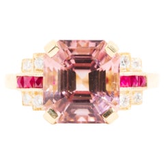 6.13 Carat Asscher Pink Bi-Colour Tourmaline Ruby Diamond Ring in 18 Carat Gold