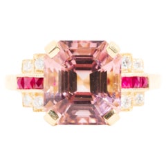 Anello da 6,13 carati con tormalina rosa bi-colore e rubino e diamanti in oro 18 carati
