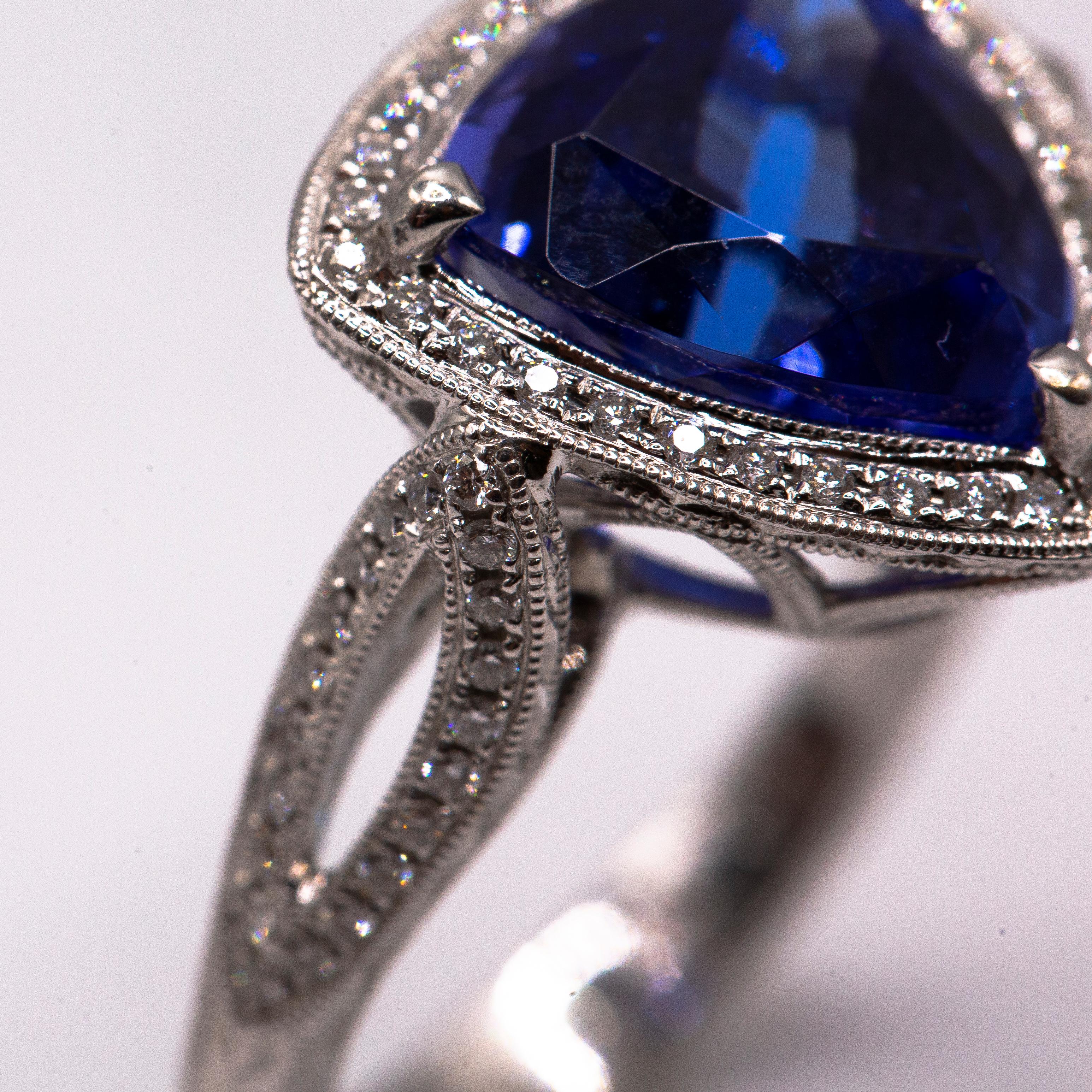 Trillion Cut 6.13 carat designer trillion-cut Tanzanite 18k gold diamond ring/ hand engraved For Sale
