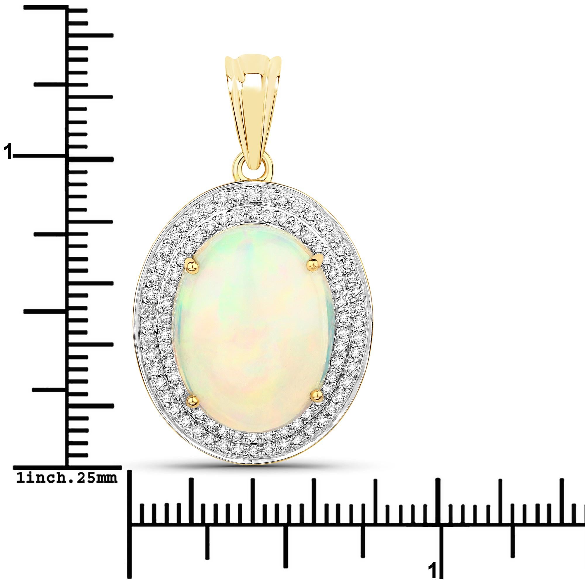 6.13 Carat Ethiopian Opal and White Diamond 14 Karat Yellow Gold Pendant In New Condition In Great Neck, NY