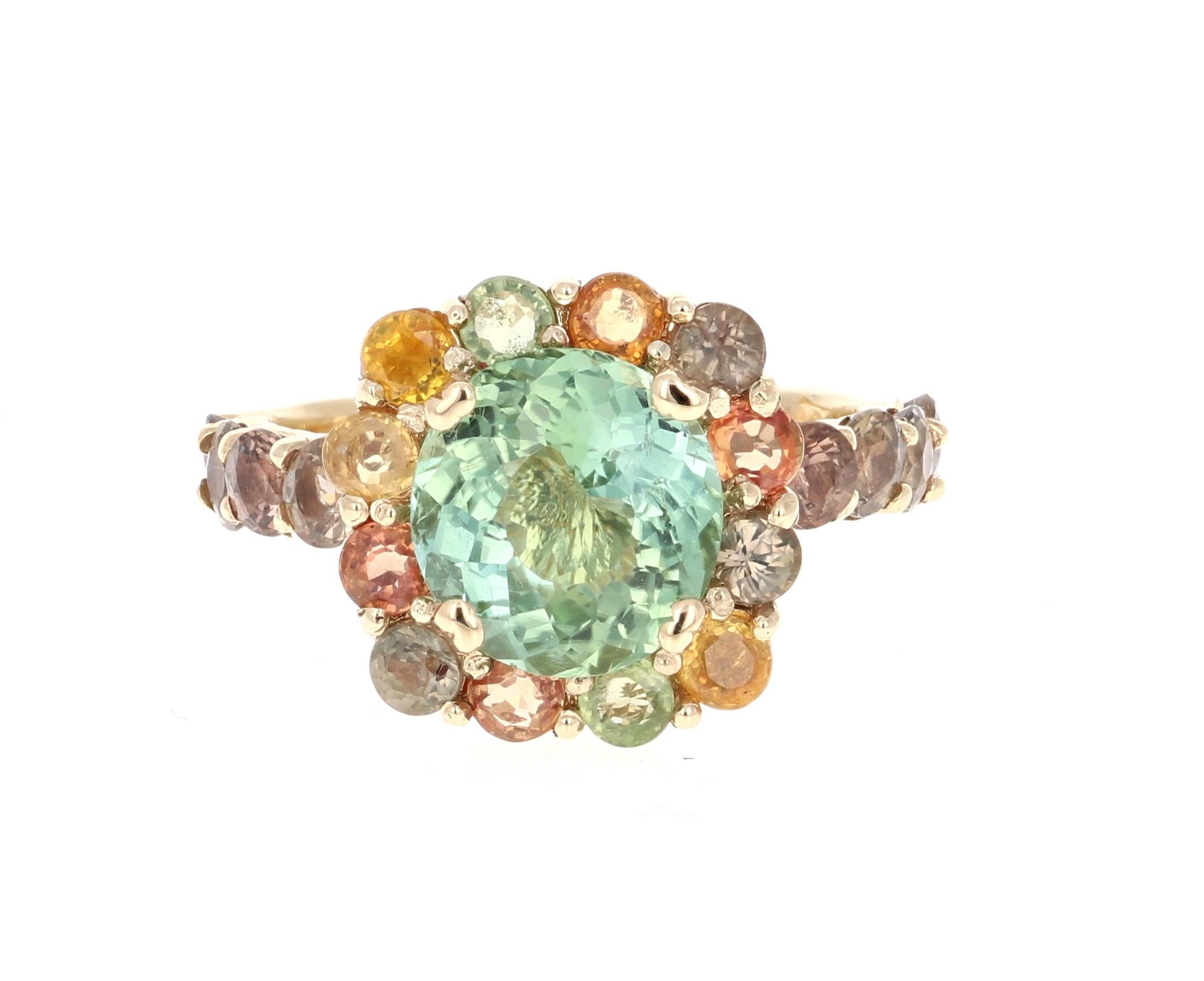 Uniquely Designed Ring with Warm Hues of Multi-Colored Sapphires & Tourmaline!

This beautiful ring has a Round Cut Green Tourmaline that weighs 2.71 Carats as the center stone. The Tourmaline is surrounded by 22 Multi-Colored Sapphires that weigh