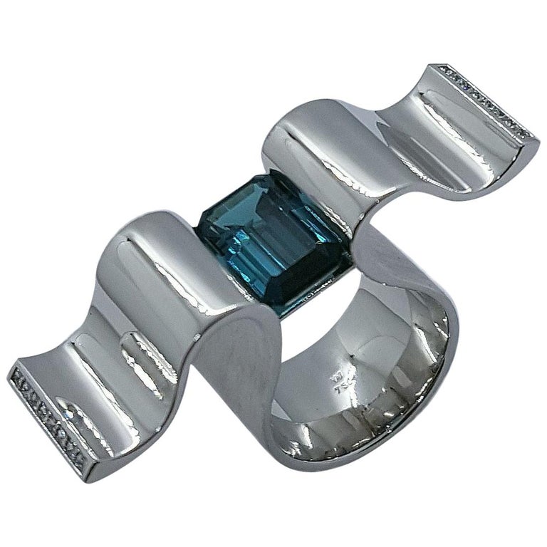 6.13 Carat Indicolite Diamond White Gold Ring “Wave” Wagner Collection For Sale
