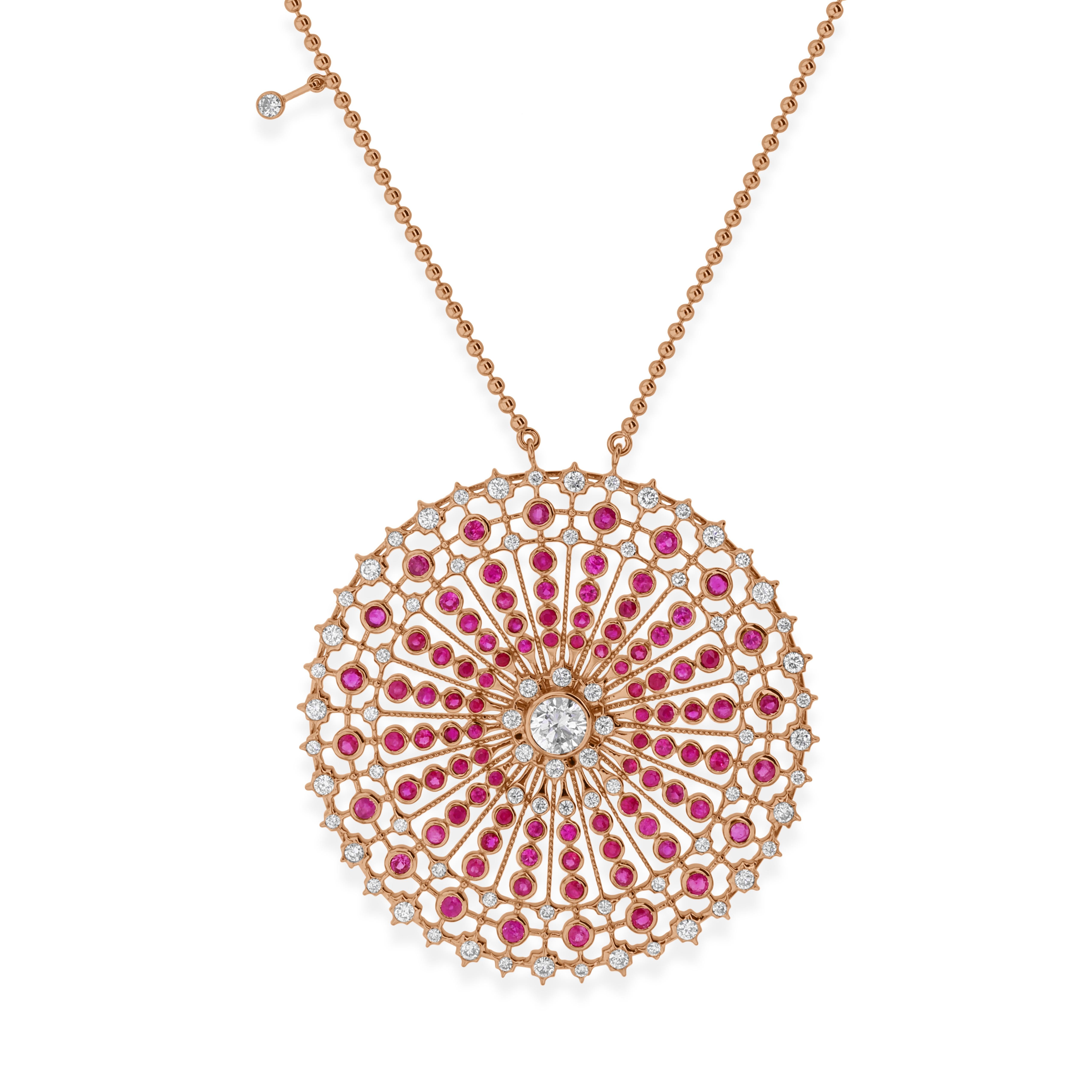 Cast from 18-karat gold, this exquisite necklace is handset with 6.13 carats of ruby and 3.68 carats of sparkling diamonds. Ruby is a July birthstone and is believed to promotes emotional healing and in attracting wealth. A wonderful gift for Mom,