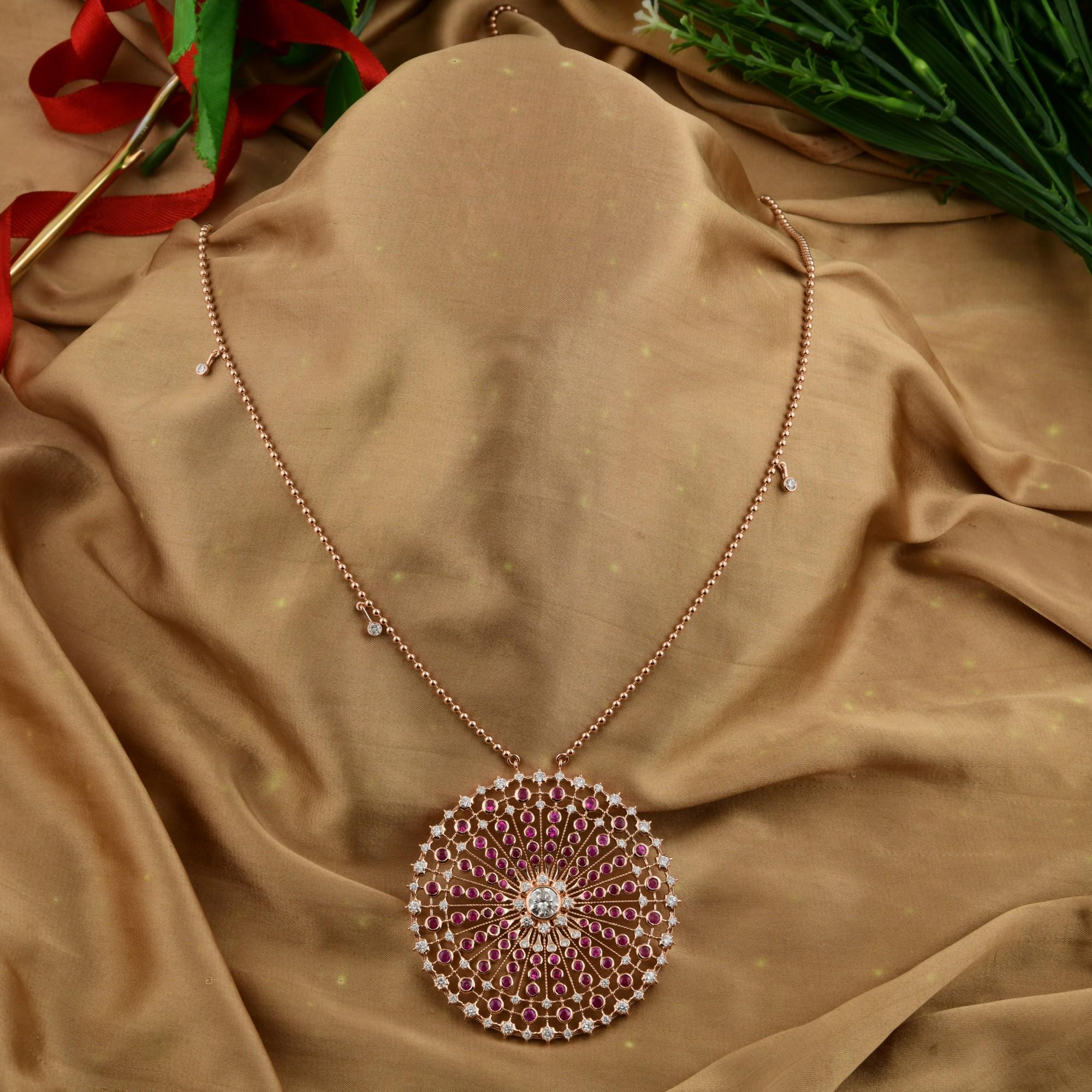 Contemporary 6.13 Carat Ruby 3.68ctw Diamond Statement Round Pendant Necklace 18k Rose Gold For Sale