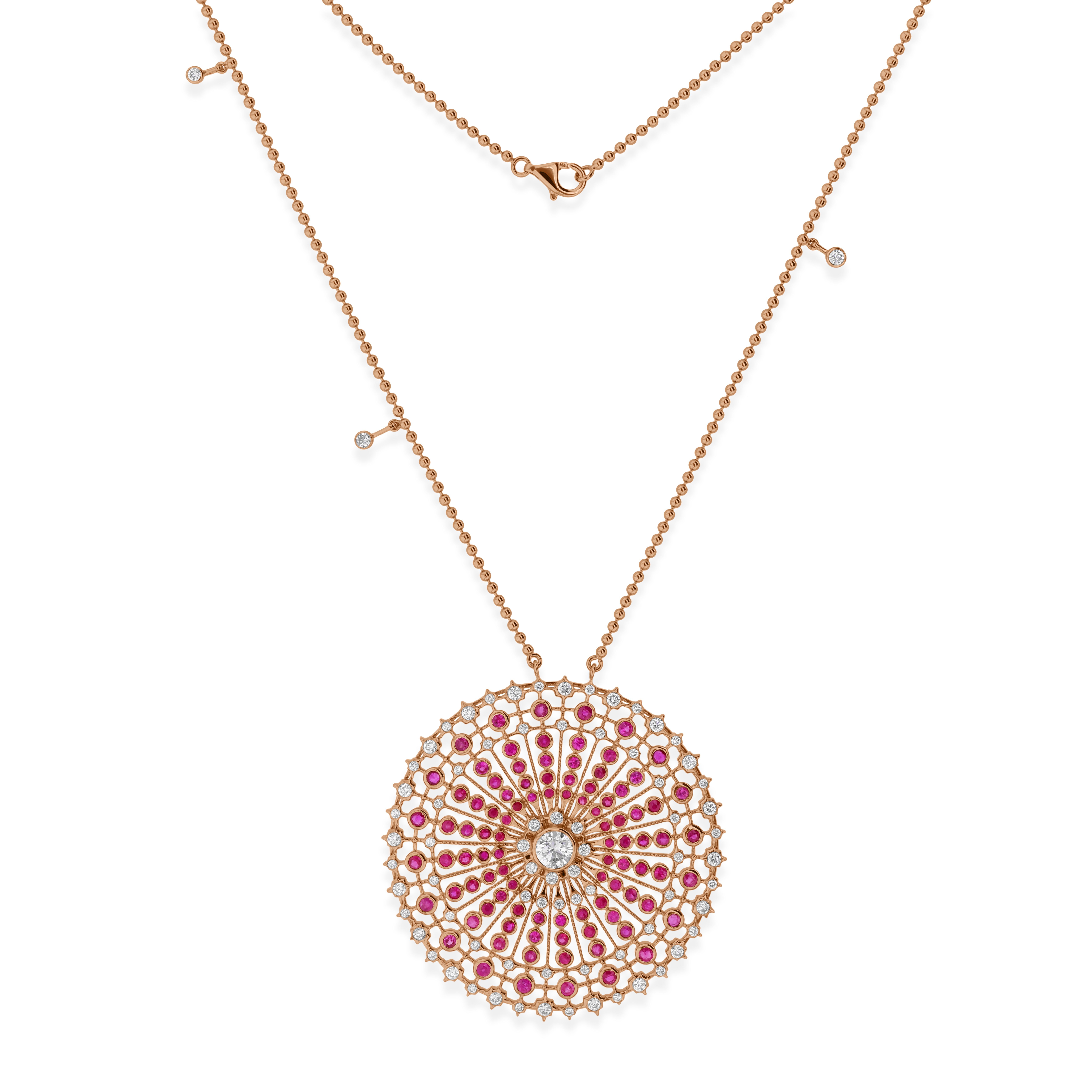 Mixed Cut 6.13 Carat Ruby 3.68ctw Diamond Statement Round Pendant Necklace 18k Rose Gold For Sale