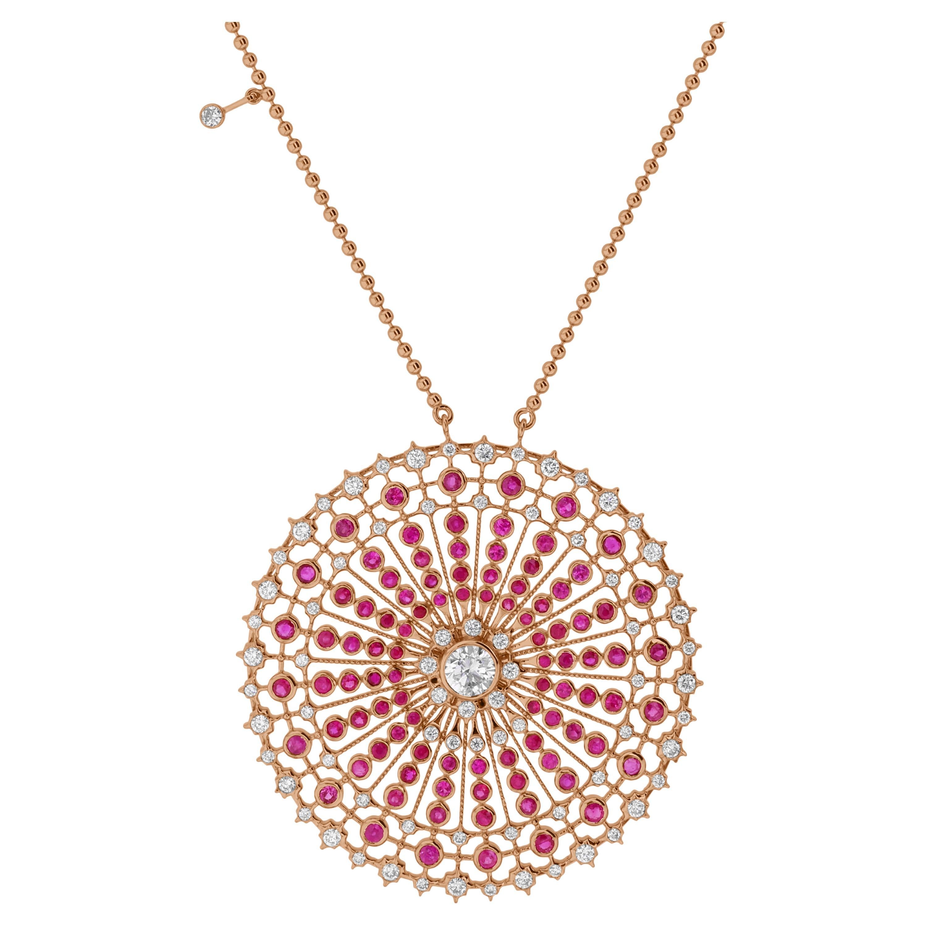 6.13 Carat Ruby 3.68ctw Diamond Statement Round Pendant Necklace 18k Rose Gold For Sale