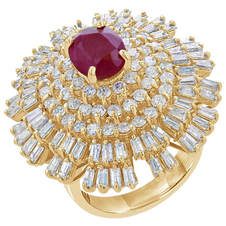 6.13 Carat Ruby Diamond 14 Karat Yellow Gold Ballerina Ring