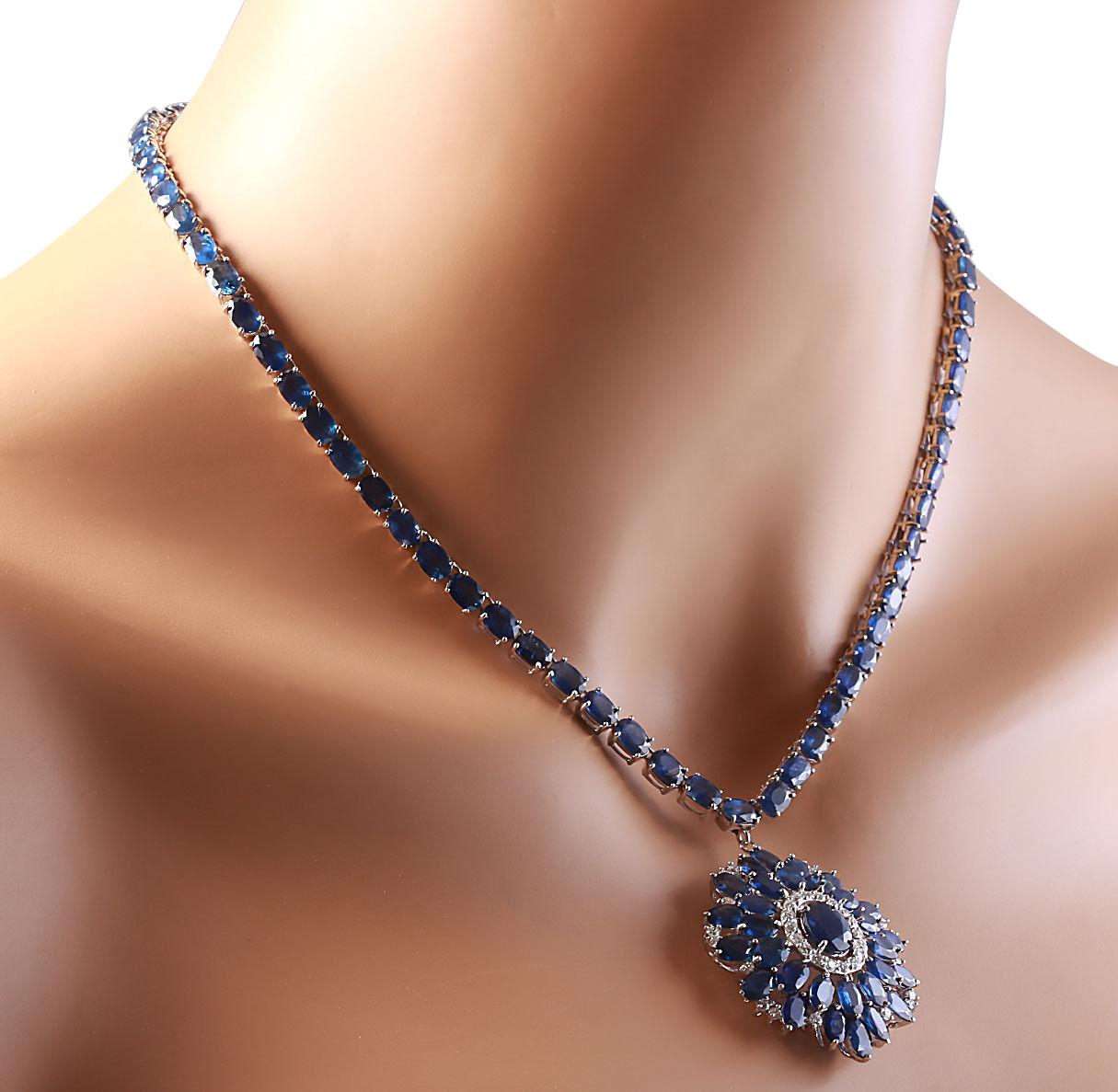 Natural Sapphire Diamond Necklace In 14 Karat White Gold  In New Condition For Sale In Los Angeles, CA