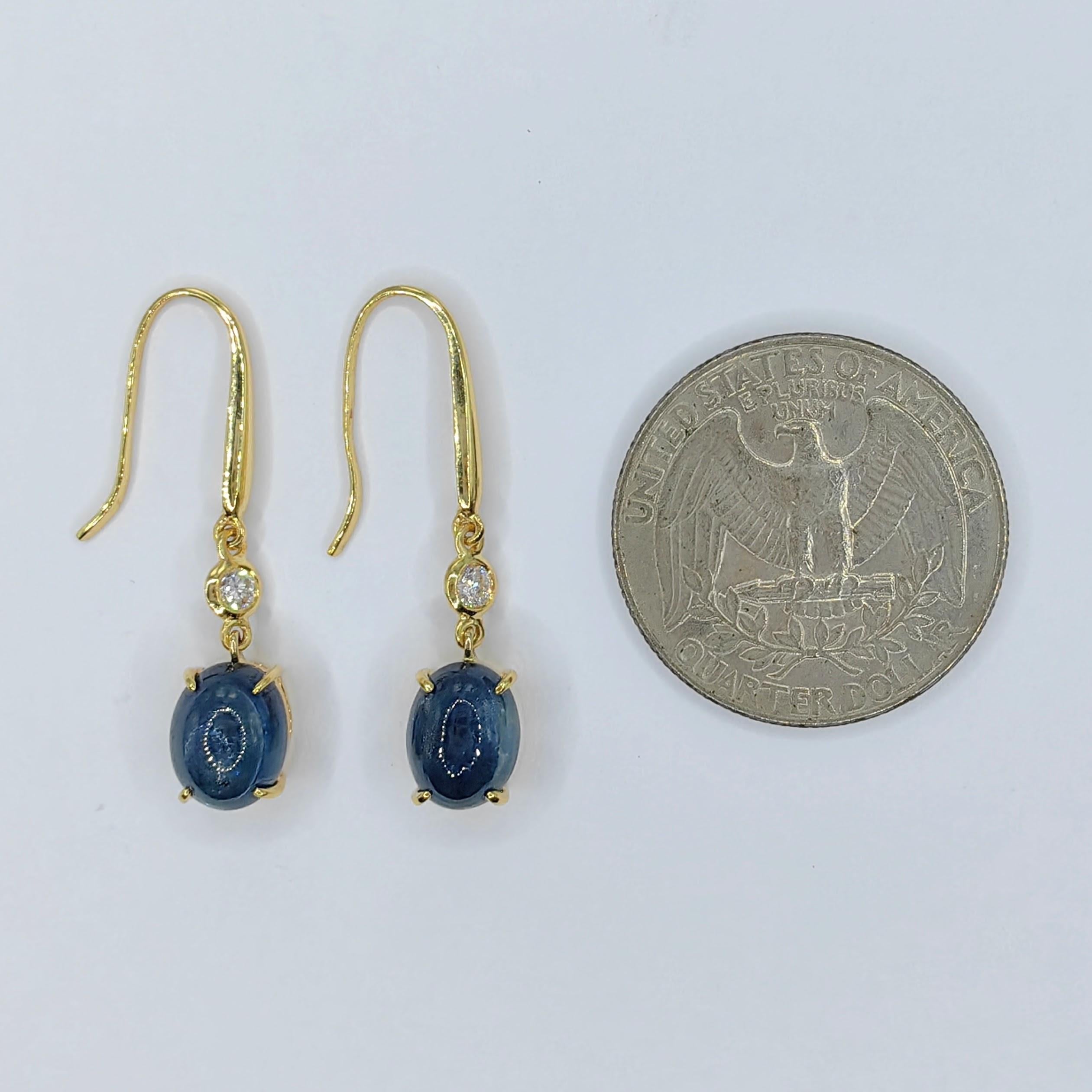 6.13ct Cabochon Blue Sapphire Diamond Dangling Earrings in 18K Yellow Gold For Sale 4