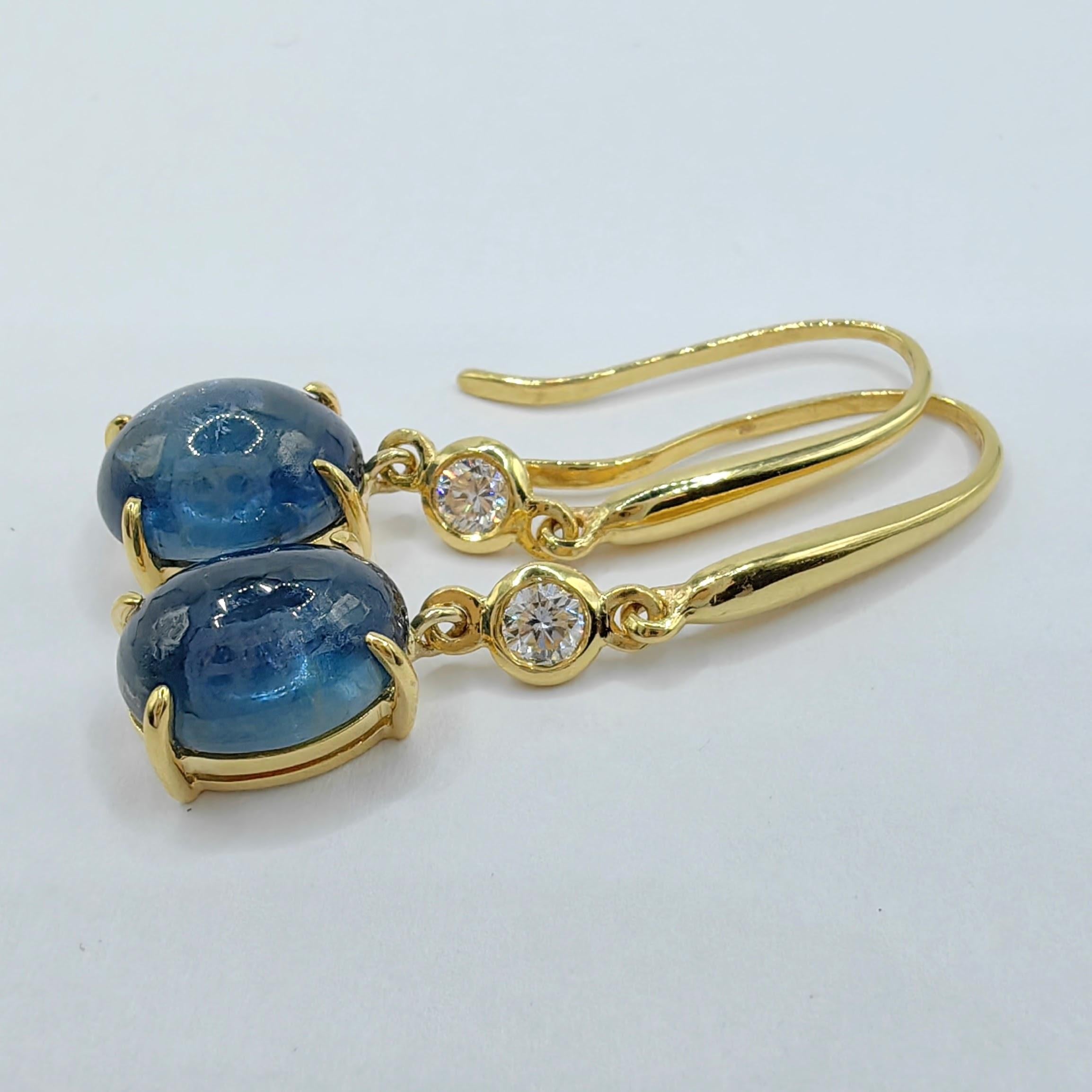 6.13ct Cabochon Blue Sapphire Diamond Dangling Earrings in 18K Yellow Gold For Sale 2