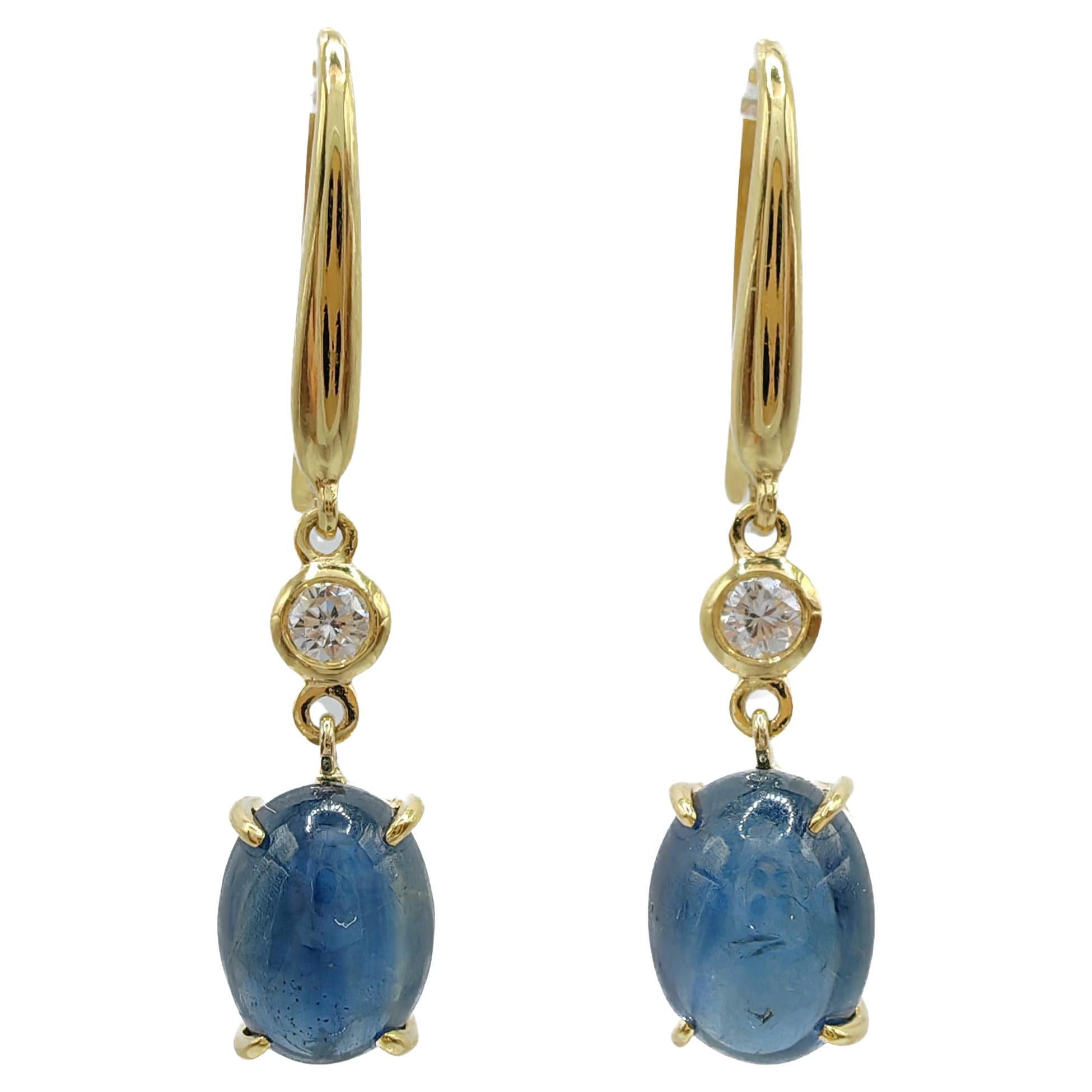 6.13ct Cabochon Blue Sapphire Diamond Dangling Earrings in 18K Yellow Gold For Sale