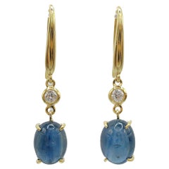 6.13ct Cabochon Blue Sapphire Diamond Dangling Earrings in 18K Yellow Gold