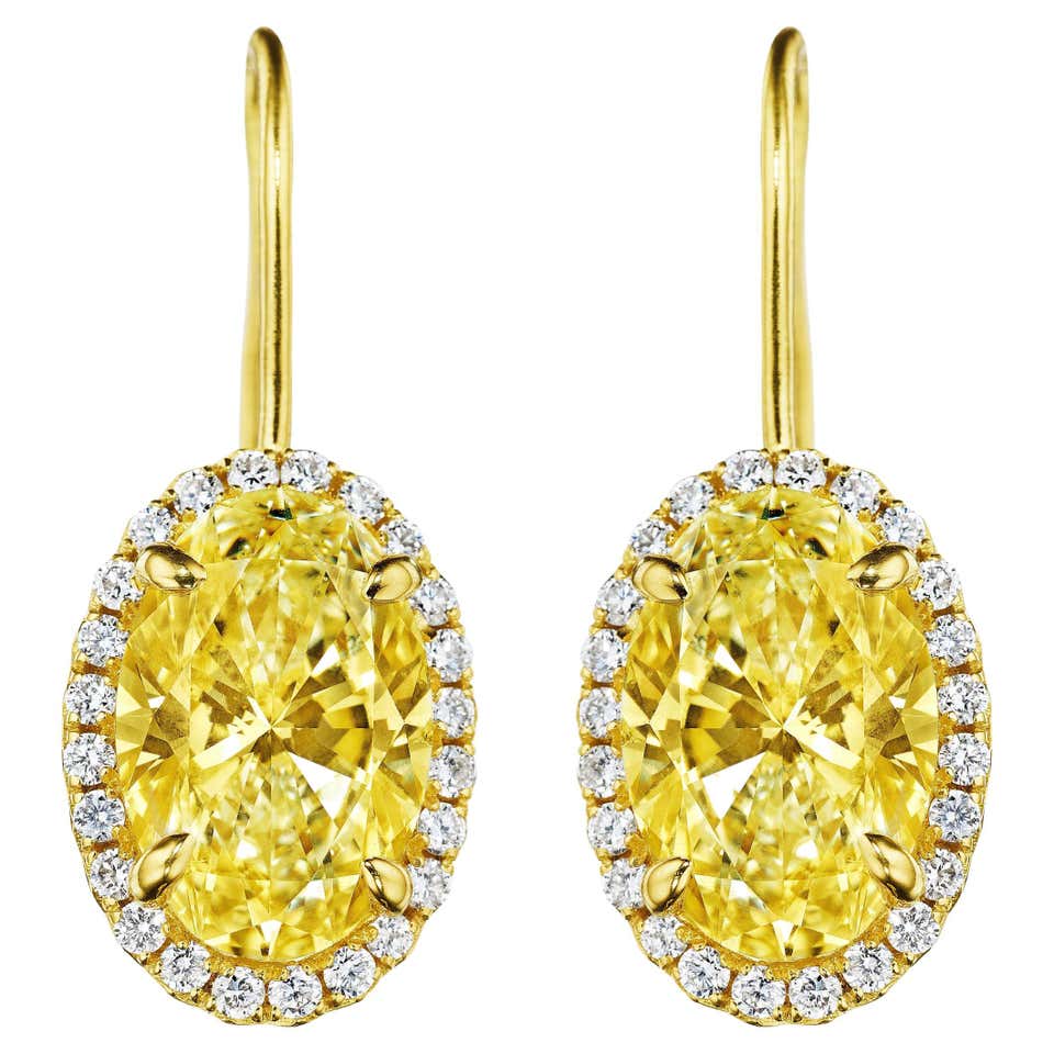 10.02ct GIA Emerald Cut Yellow Diamond Earrings and Baguette Diamond ...