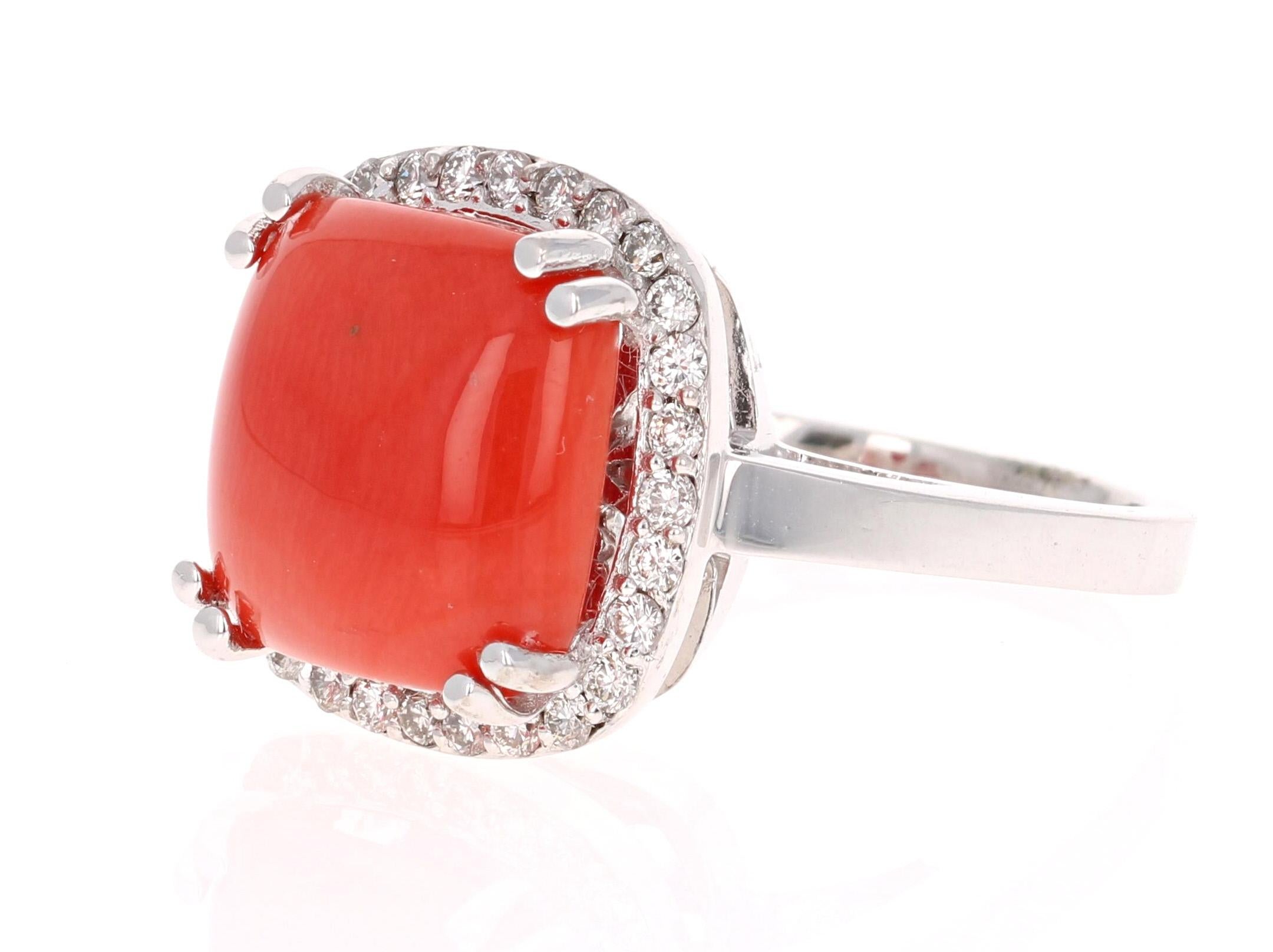 Modern 6.14 Carat Coral Diamond 14 Karat White Gold Halo Ring For Sale