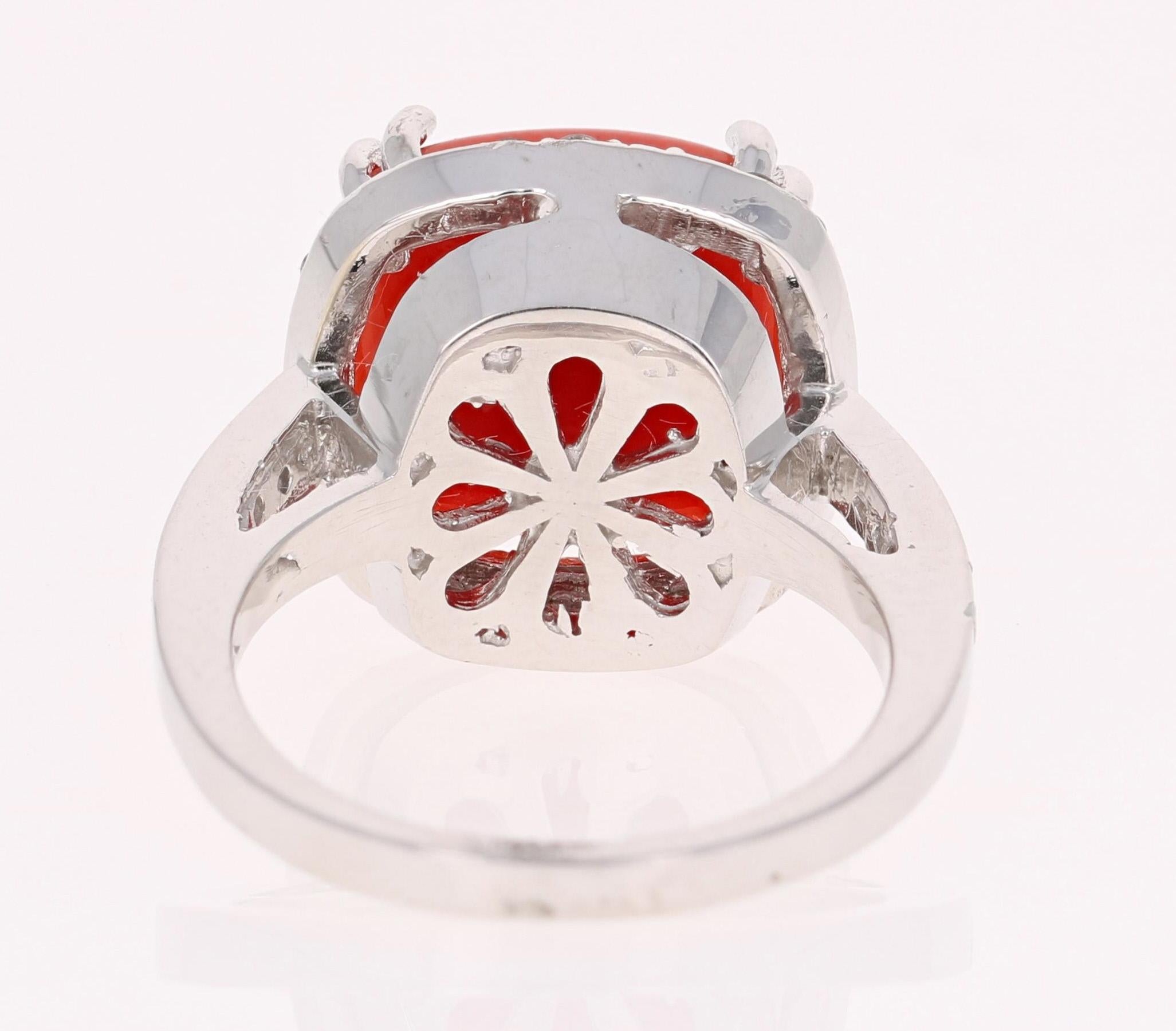 Cushion Cut 6.14 Carat Coral Diamond 14 Karat White Gold Halo Ring For Sale