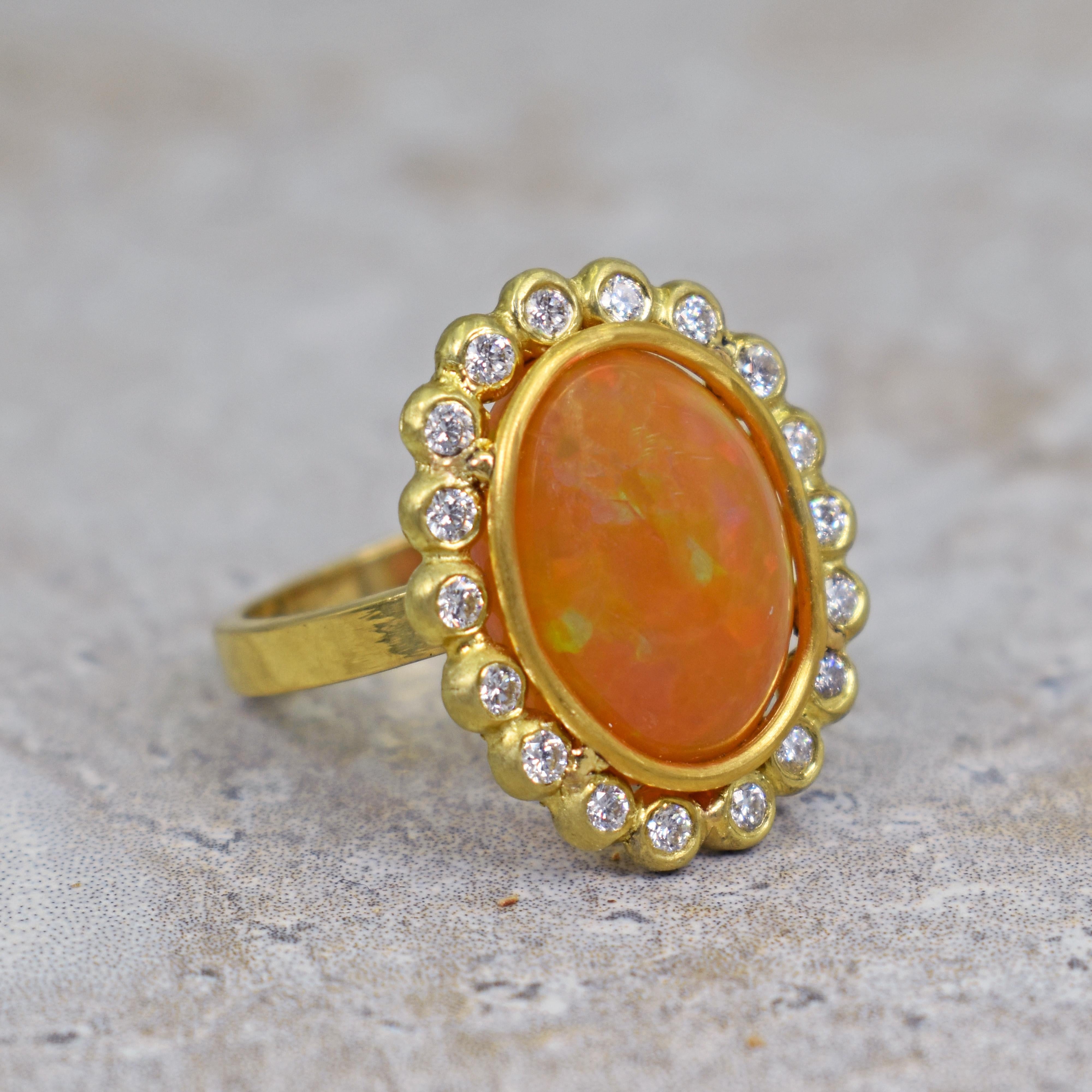6.14 Carat Ethiopian Opal 22 Karat Gold Diamond Halo Cocktail Ring In New Condition For Sale In Naples, FL