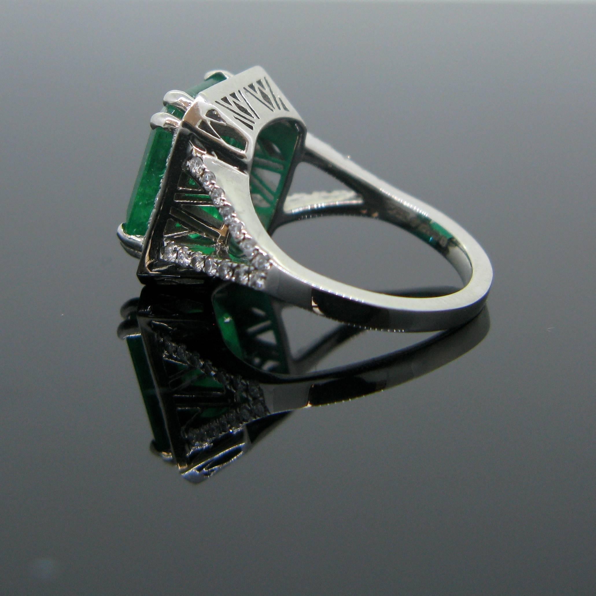 Emerald Cut 6.14 Carat GRS Certified Colombian Emerald Diamond Platinum Ring For Sale