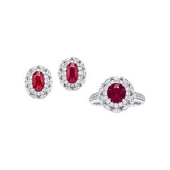 6.14 Carat Mozambique Pigeons Blood Ruby Ring and Earrings Set in 18K White Gold