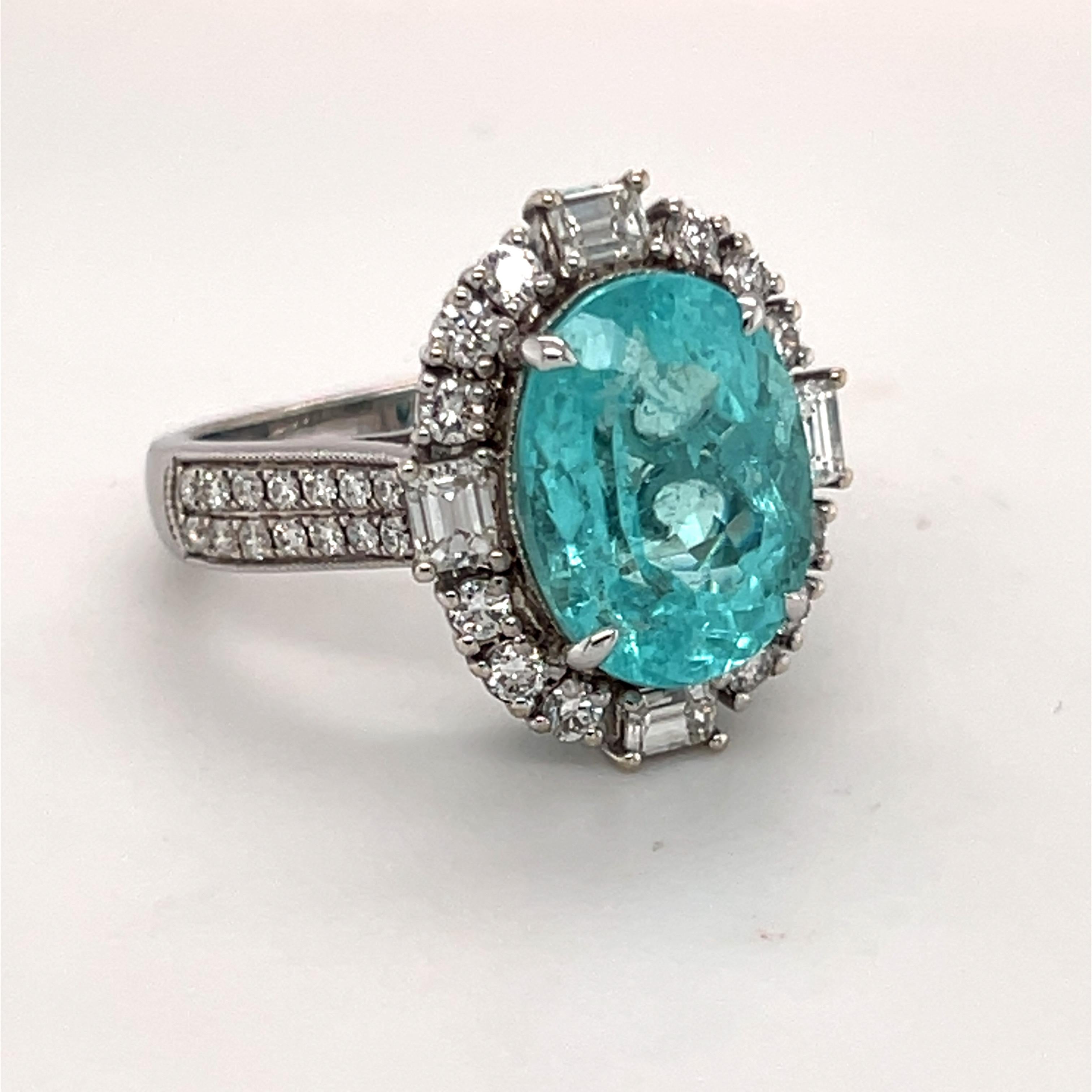 6.14 Carat Oval Cut Paraiba Tourmaline Diamond Engagement Ring For Sale 6
