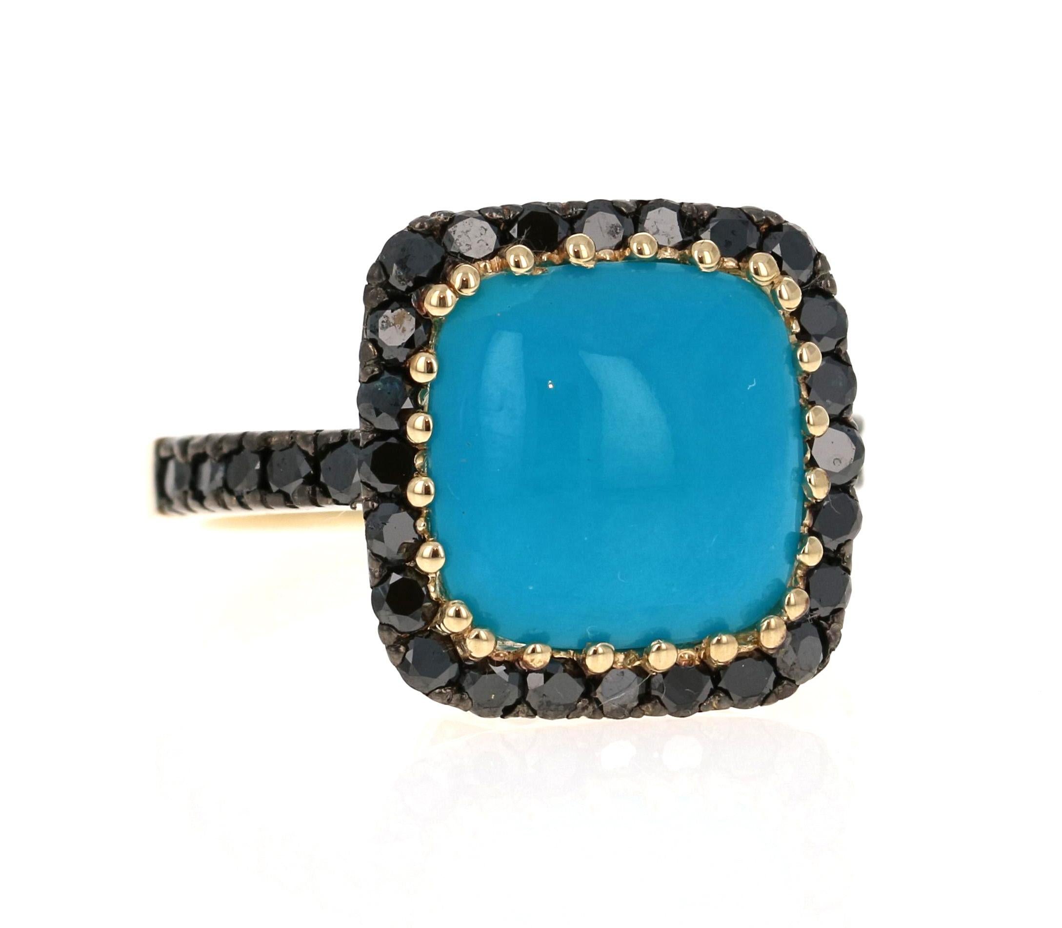 Modern 6.14 Carat Turquoise Black Diamond 14 Karat Yellow Gold Ring