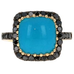 6.14 Carat Turquoise Black Diamond 14 Karat Yellow Gold Ring