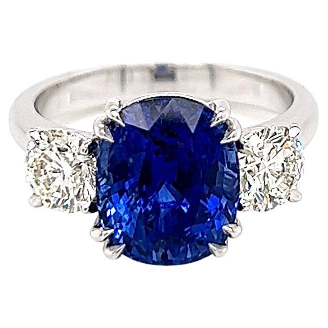 6.14 Total Carat Sapphire and Diamond Three Stone Ladies Ring, GIA Certified
