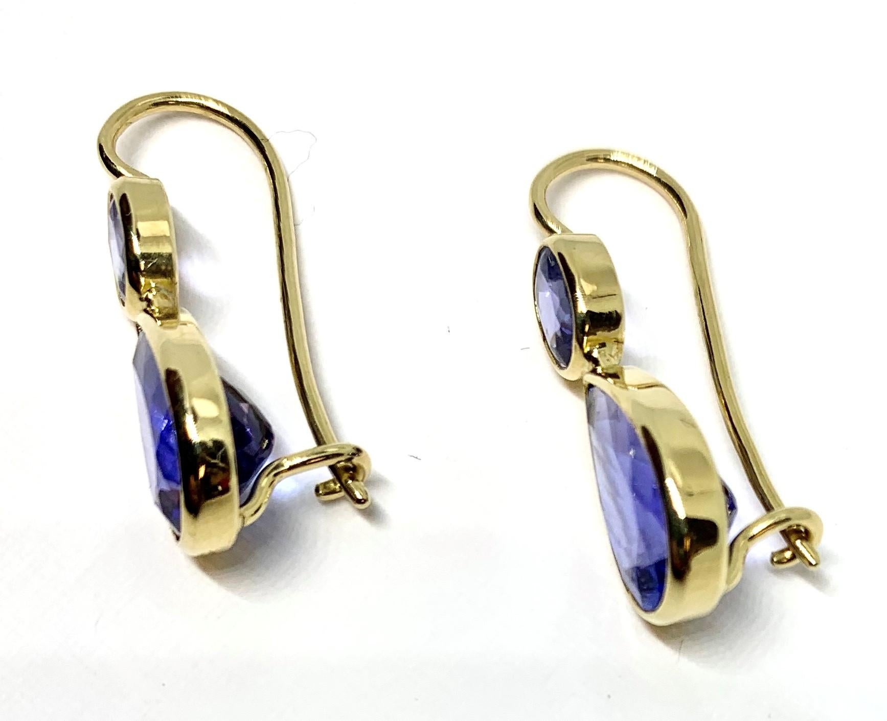 Artisan 6.15 Carat Bezel Set Tanzanite and 18k Yellow Gold Lever Back Drop Earrings
