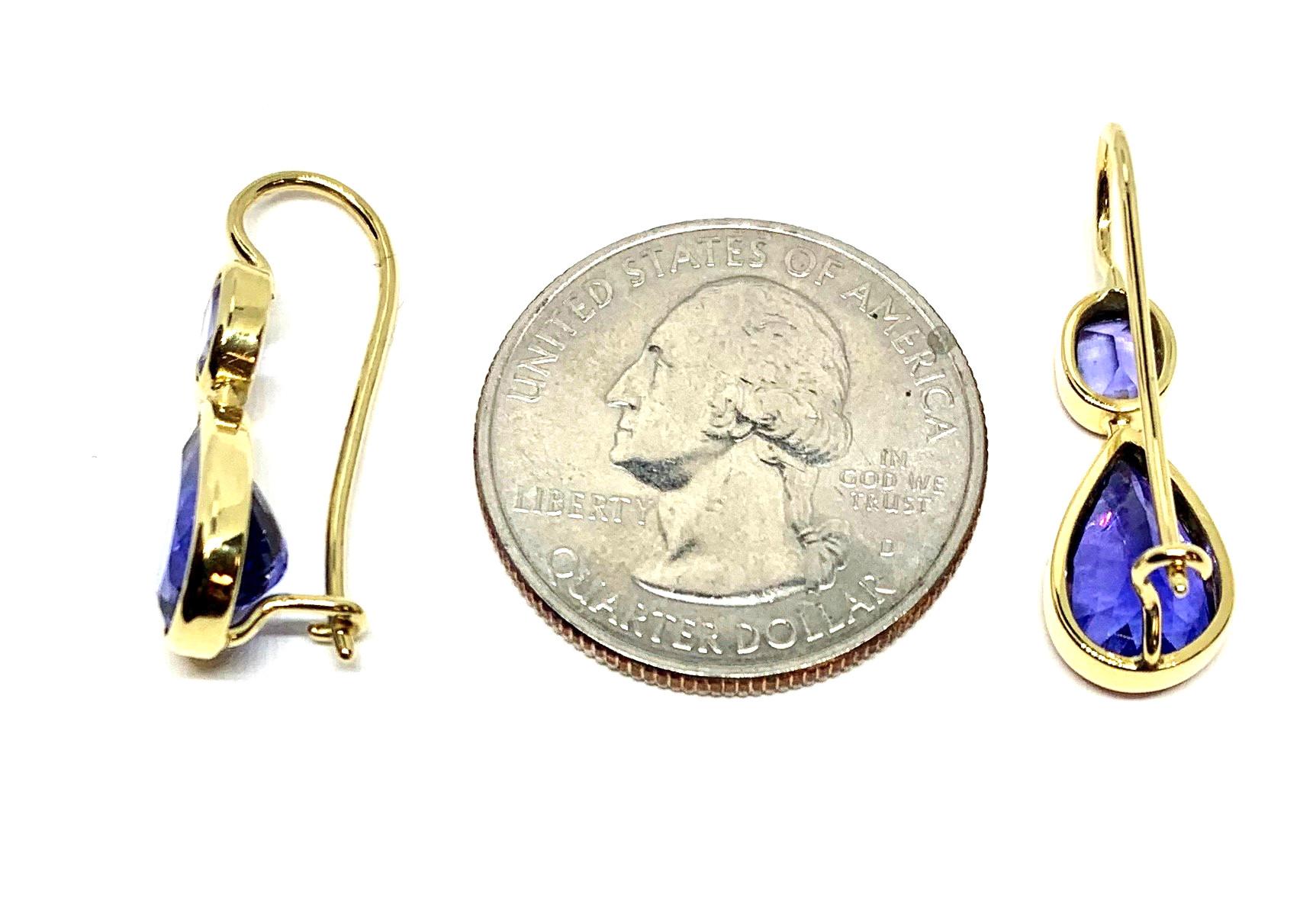 Pear Cut 6.15 Carat Bezel Set Tanzanite and 18k Yellow Gold Lever Back Drop Earrings