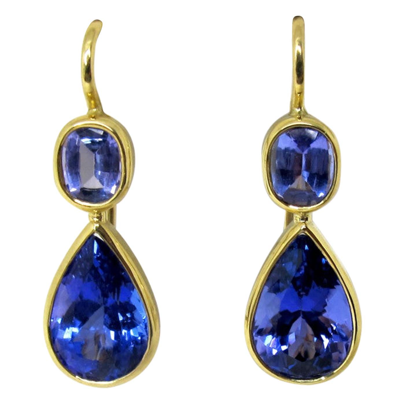 6.15 Carat Bezel Set Tanzanite and 18k Yellow Gold Lever Back Drop Earrings