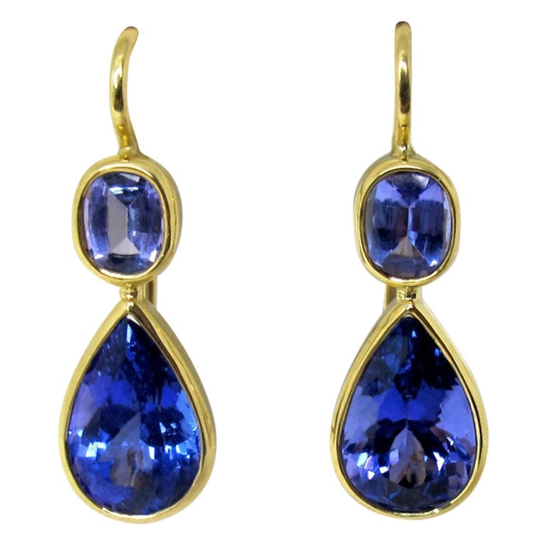 6.15 Carat Bezel Set Tanzanite Drop Earrings 18 Karat Yellow Gold For Sale at 1stdibs