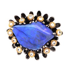 6.15 Carat Black Opal and Sapphire 925 Sterling Black Rhodium Gold Ring