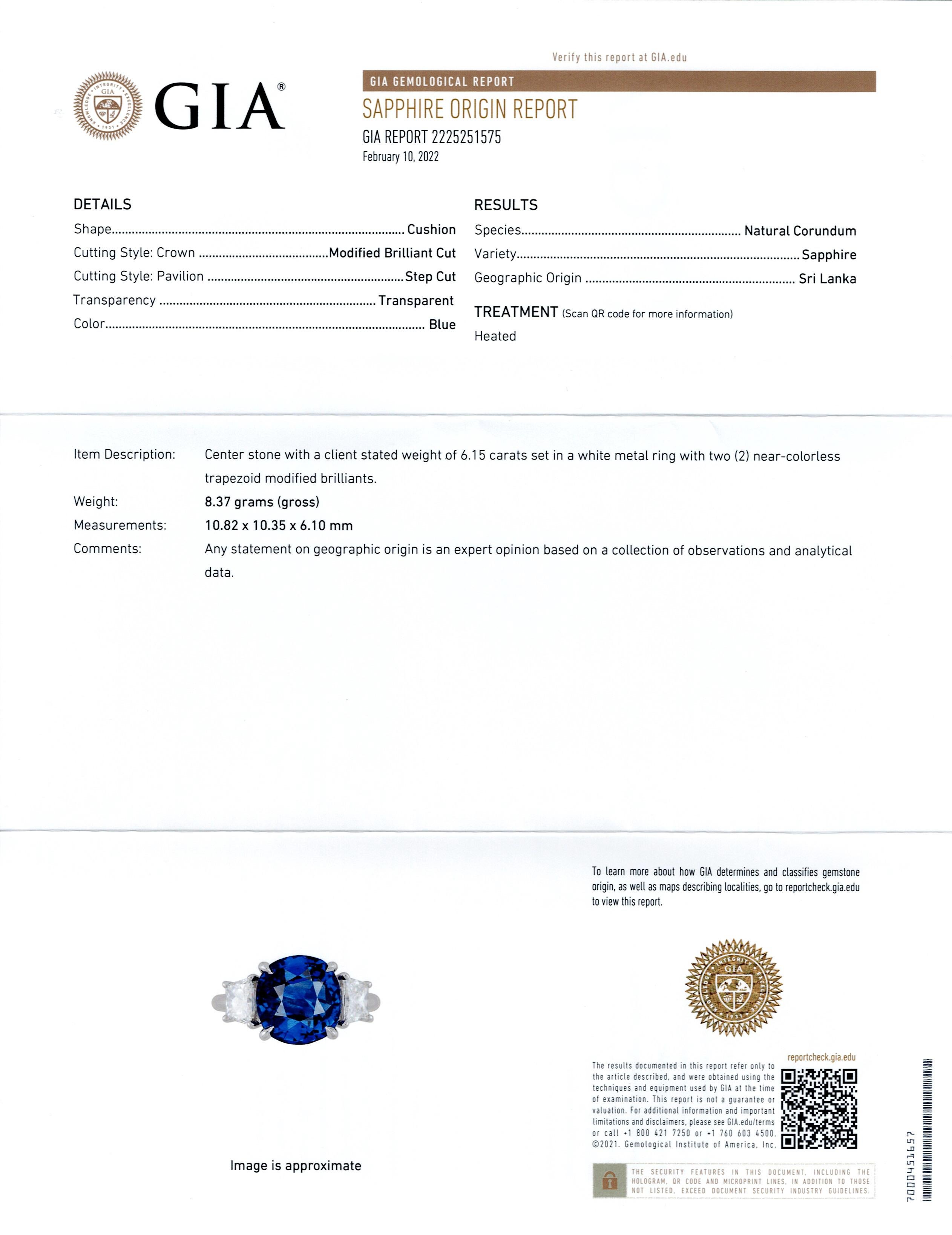 Women's 6.15 Carats Cushion Cut Blue Sapphire and Diamond Three-Stone Engagement Ring For Sale