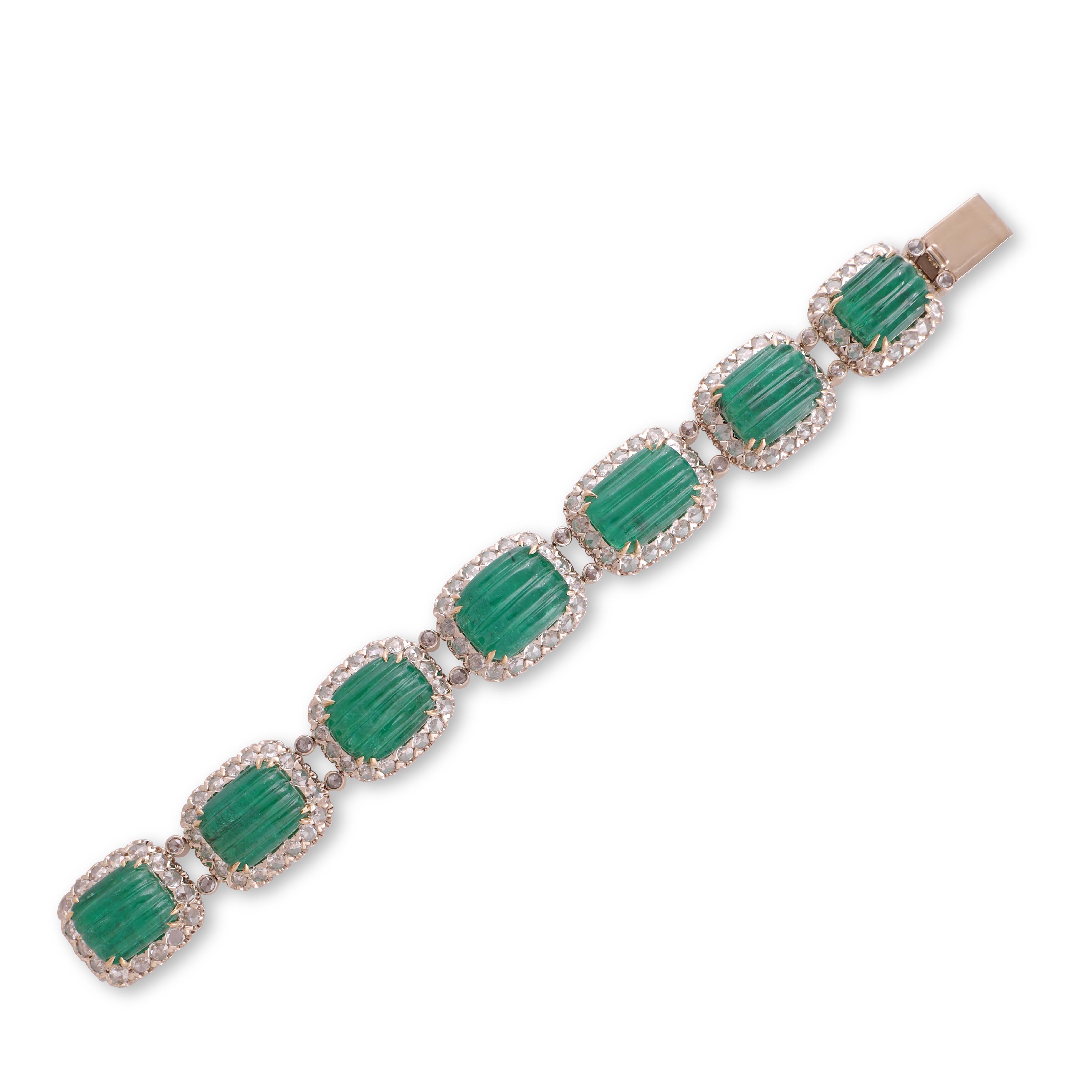 Contemporary 61.5 Carat Carved Emerald & Diamonds Bracelet 18k Yellow Gold For Sale