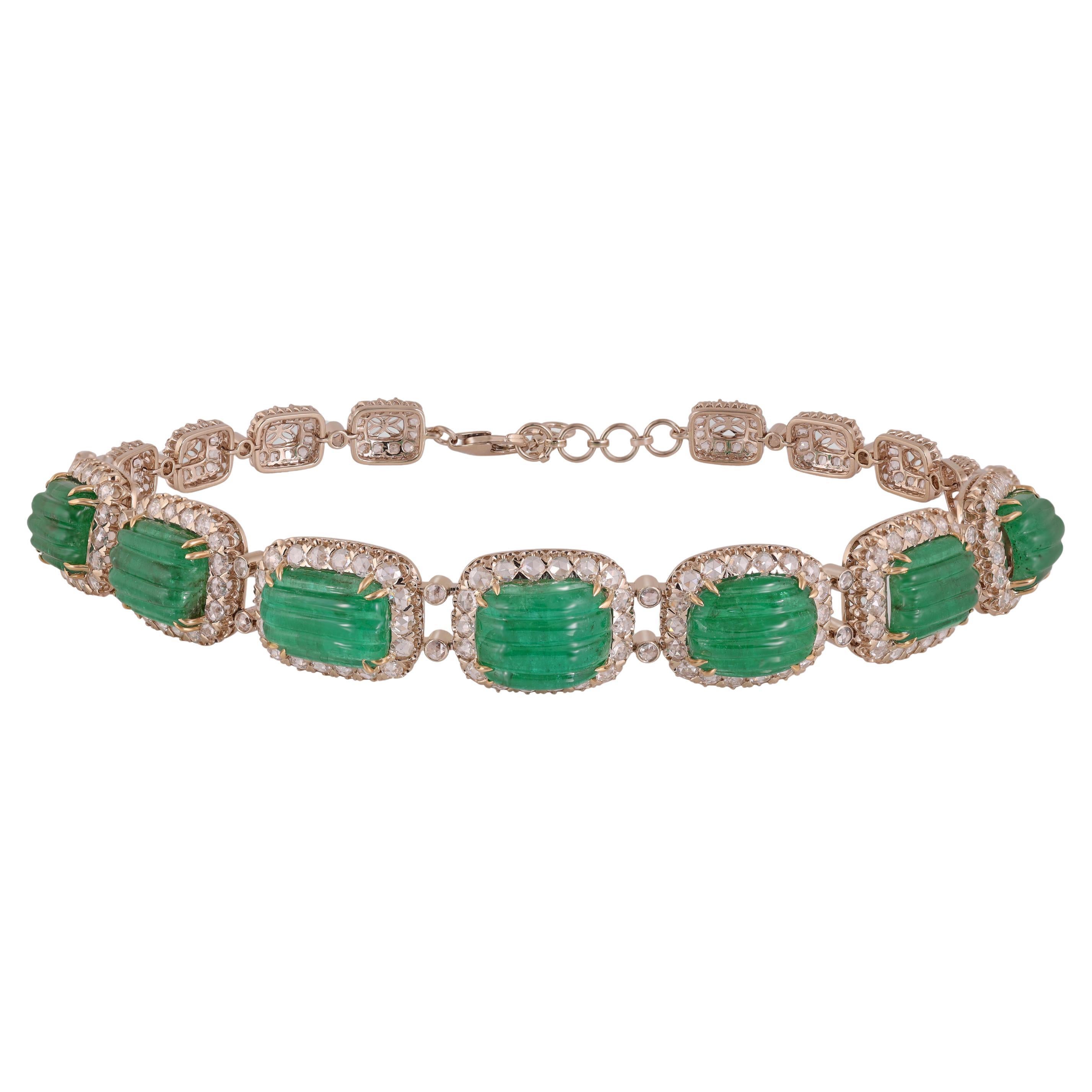 61.5 Carat Carved Emerald & Diamonds Bracelet 18k Yellow Gold For Sale
