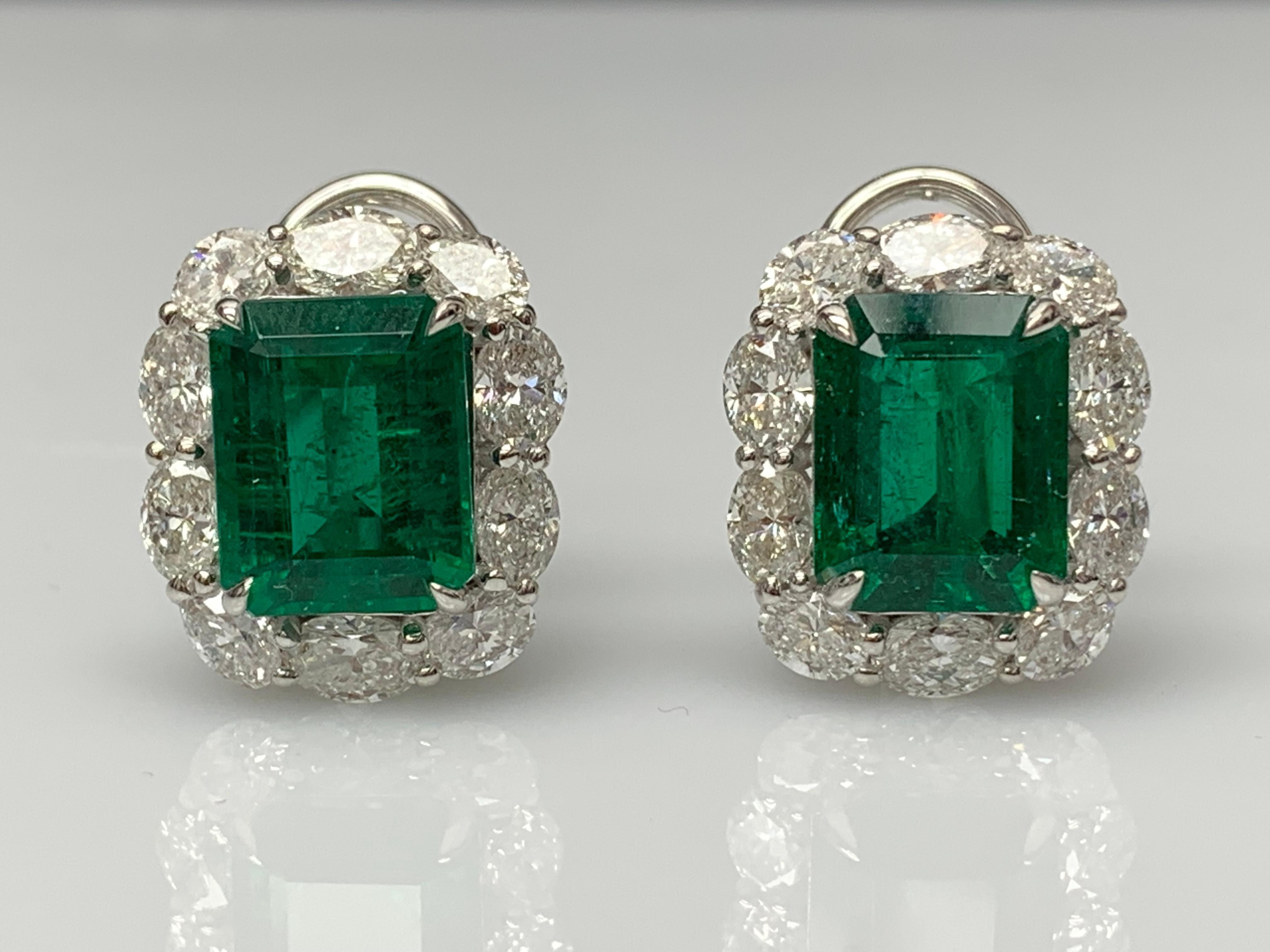6.15 Carat Emerald Cut Emerald and Diamond Halo Earring in 18K White Gold For Sale 2